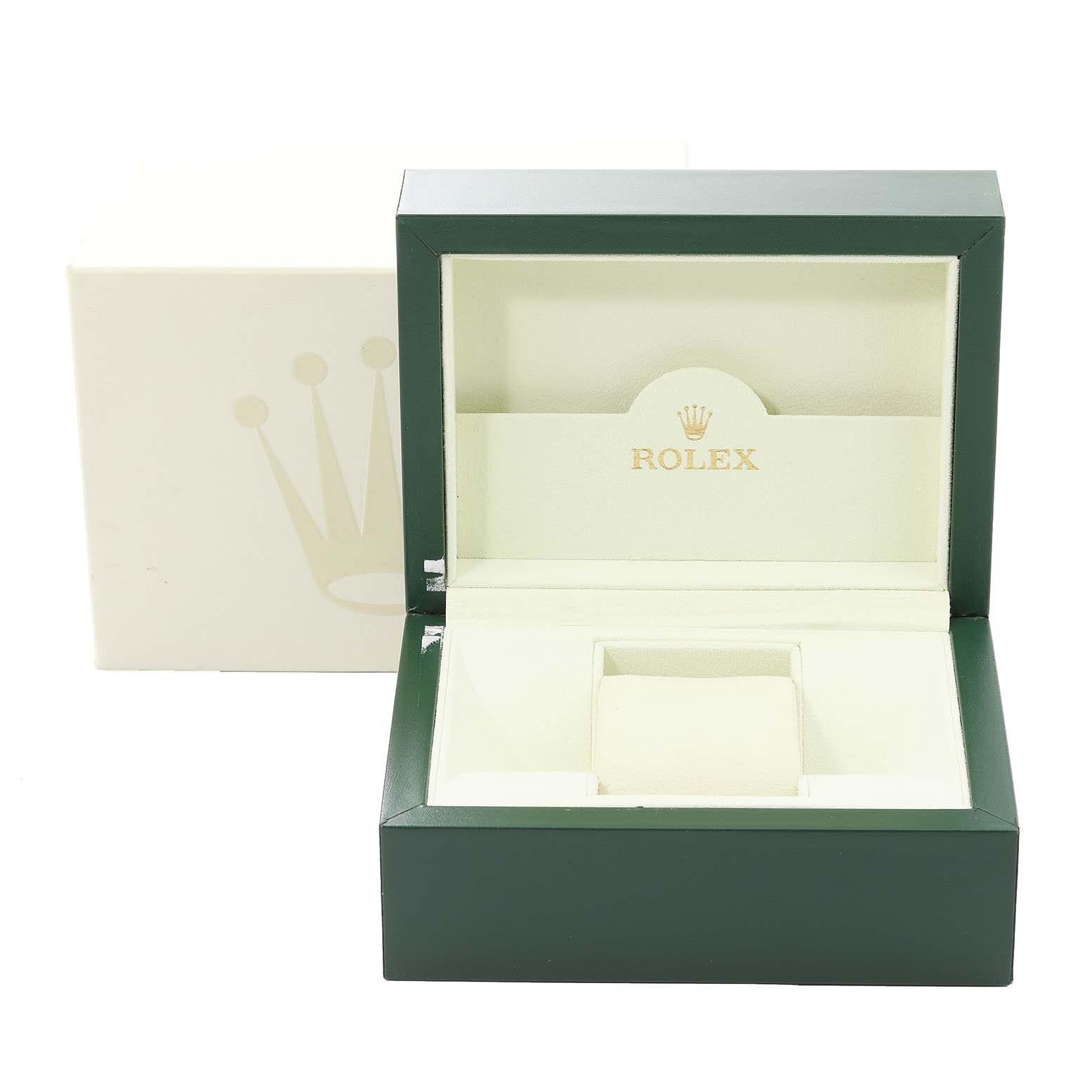 This image shows an open green and beige Rolex watch box, specifically for the Datejust model, viewed from the front.