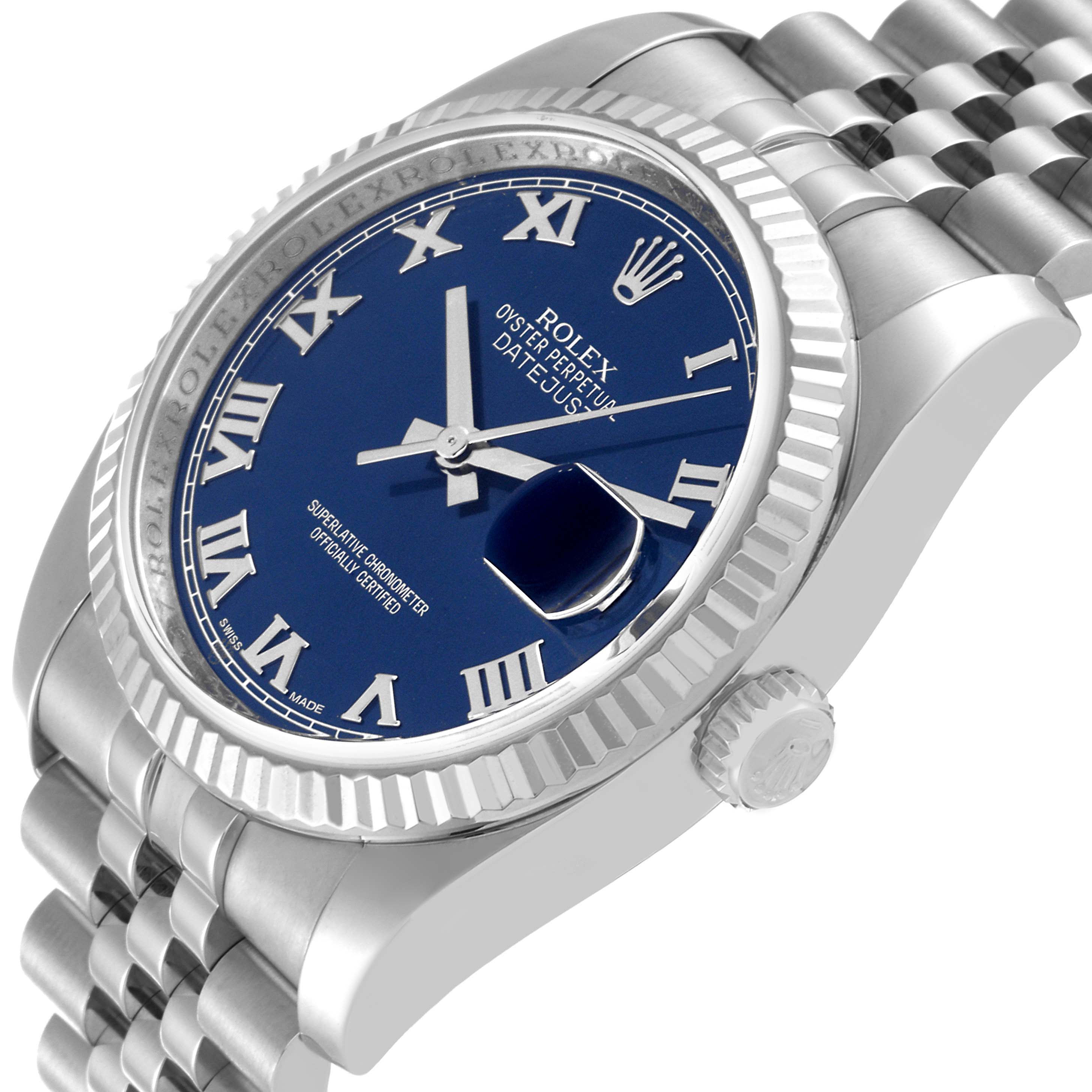 This image shows a close-up angled view of a Rolex Datejust 116234 Men's Stainless Steel Blue Dial 116234 Men's Stainless Steel Blue Dial watch, highlighting the dial, bezel, crown, and part of the bracelet.