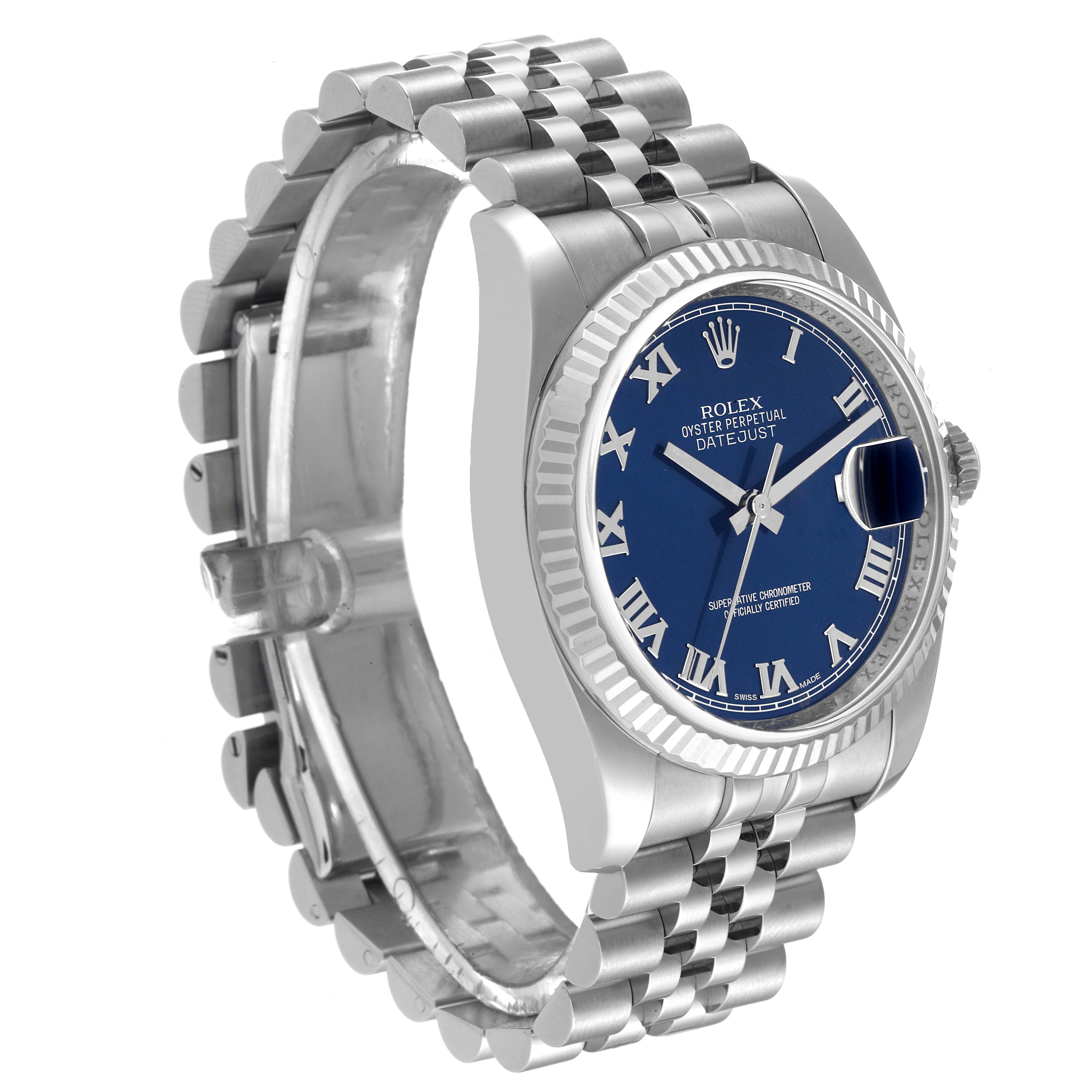 This image shows a Rolex Datejust 116234 Men's Stainless Steel Blue Dial 116234 Men's Stainless Steel Blue Dial watch at an oblique angle, highlighting its bezel, dial, and bracelet.