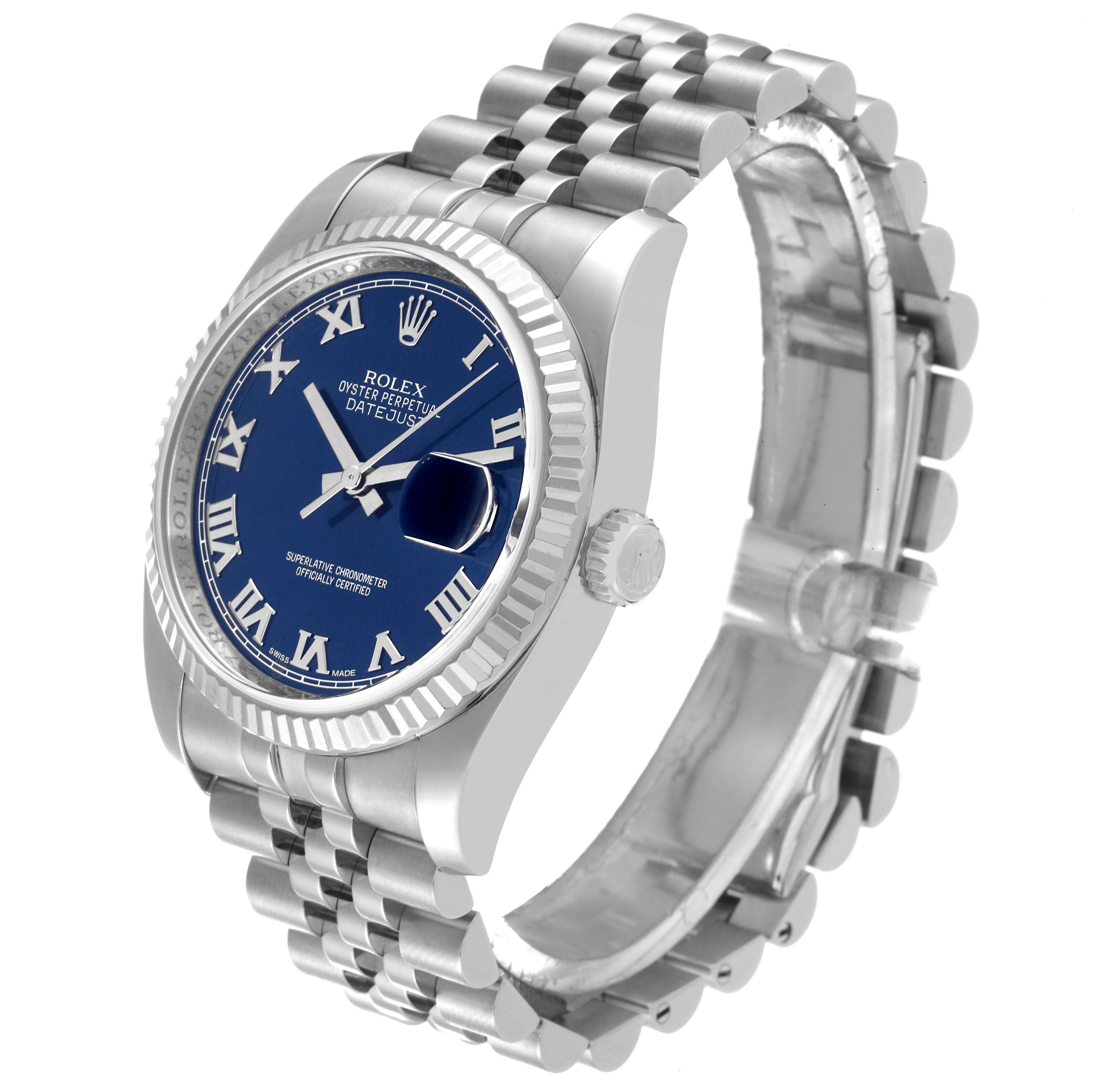 The image shows a Rolex Datejust 116234 Men's Stainless Steel Blue Dial 116234 Men's Stainless Steel Blue Dial watch at a three-quarter angle, highlighting the dial, bezel, crown, and part of the bracelet.