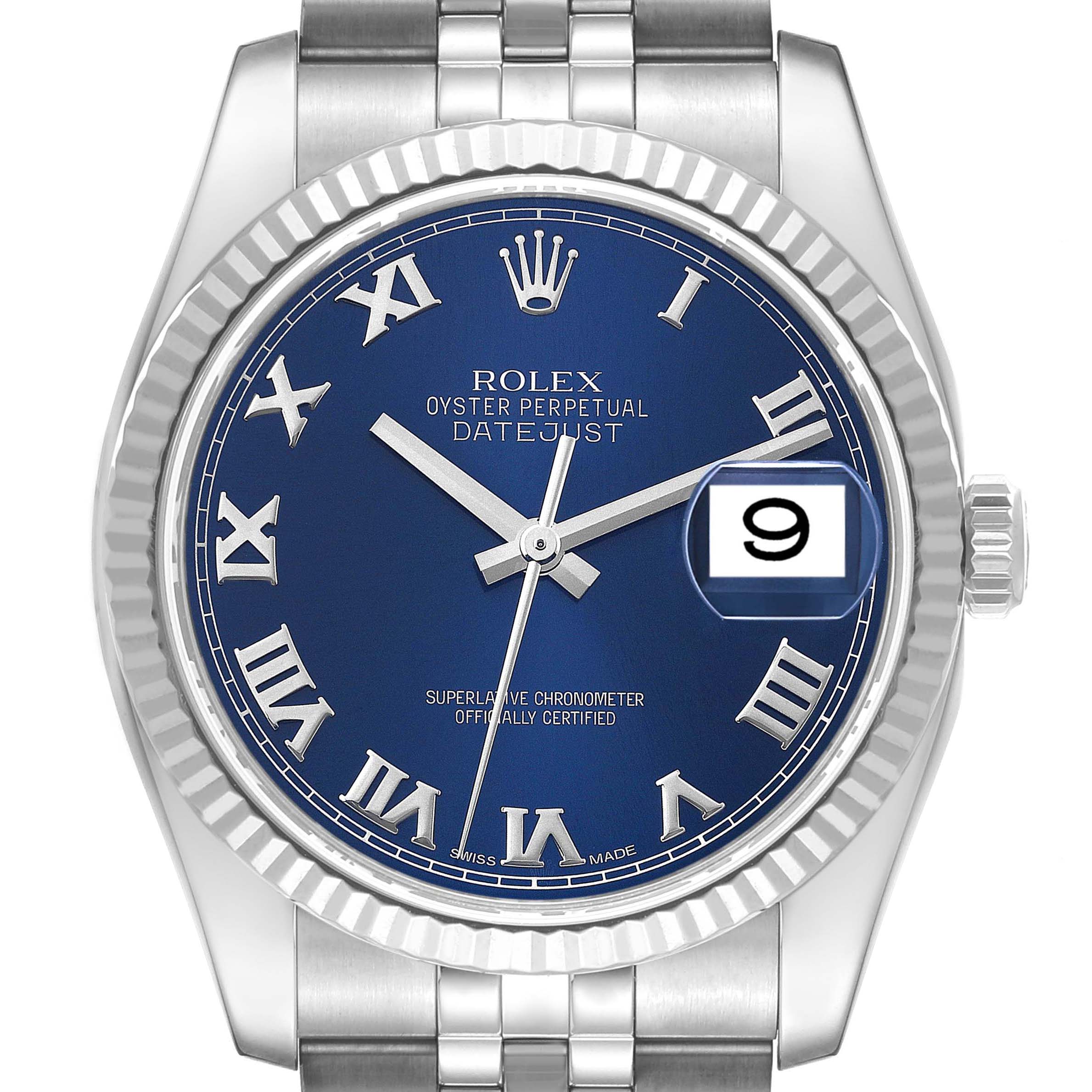 This image shows a front view of the Rolex Datejust 116234 Men's Stainless Steel Blue Dial 116234 Men's Stainless Steel Blue Dial watch, highlighting its blue dial, Roman numerals, date display, and stainless steel bracelet.