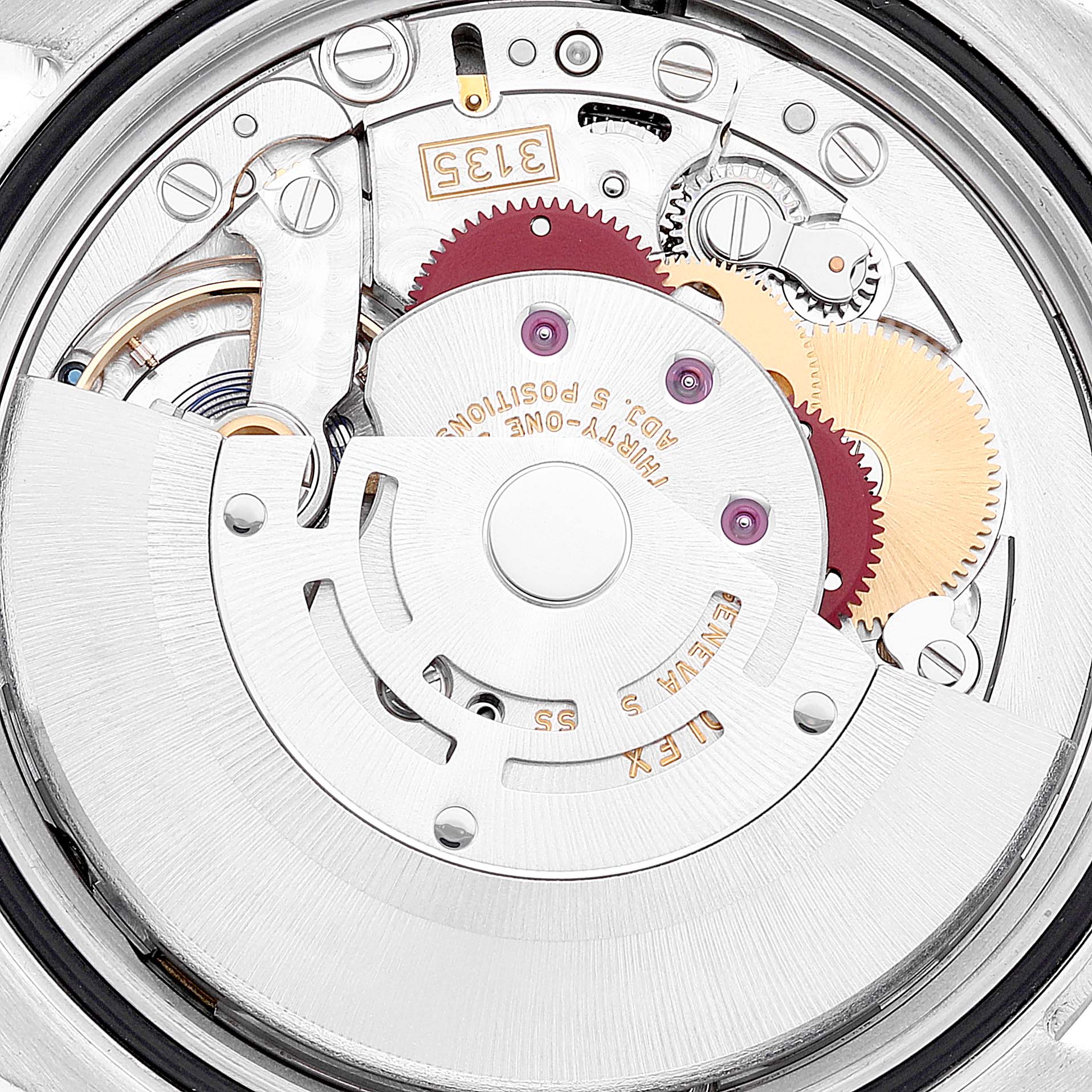 This image shows a close-up, detailed view of the Rolex Datejust 116234 Men's Stainless Steel Blue Dial 116234 Men's Stainless Steel Blue Dial watch movement mechanism from the back.