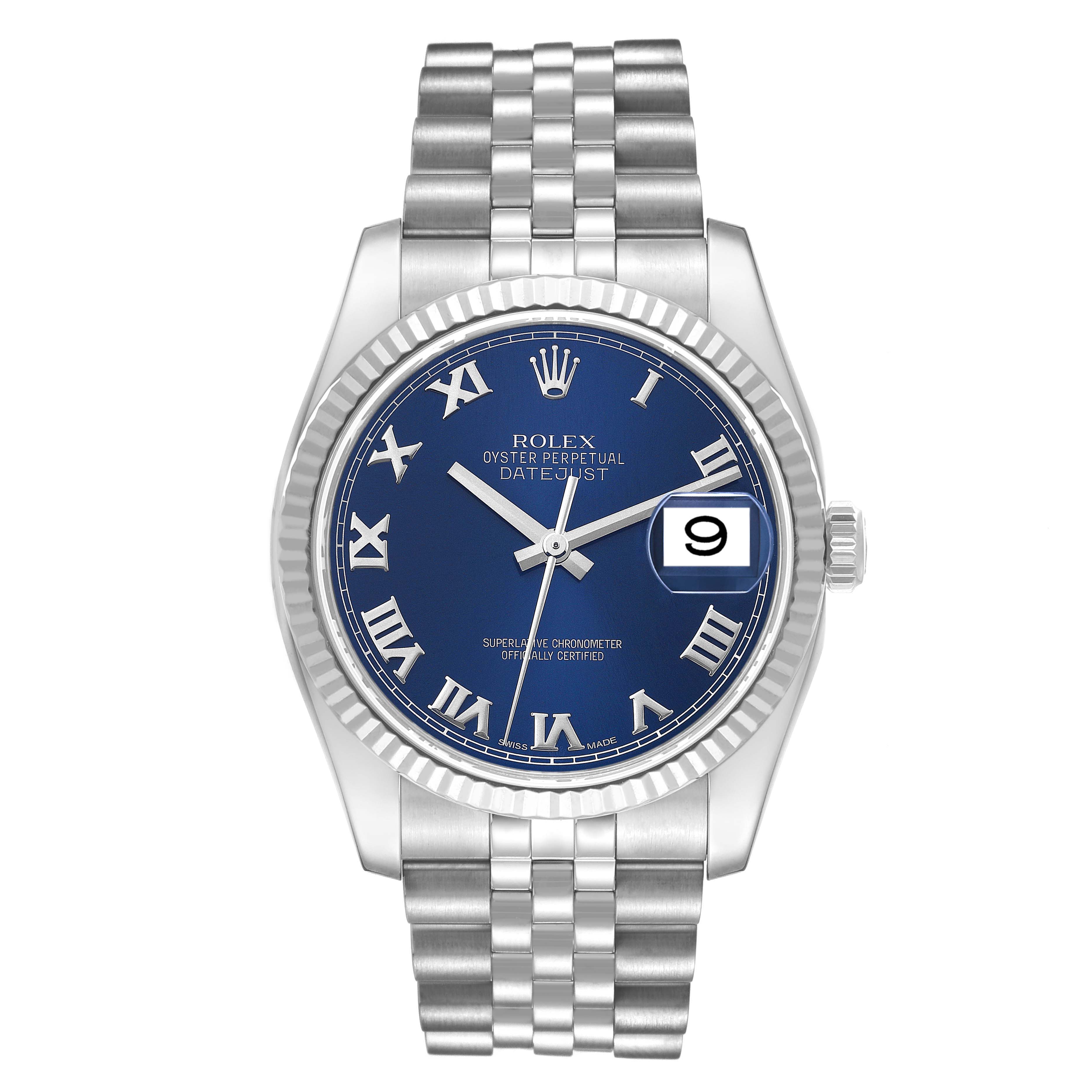 The image shows a Rolex Datejust 116234 Men's Stainless Steel Blue Dial 116234 Men's Stainless Steel Blue Dial watch from a front angle, highlighting its blue dial, fluted bezel, and Jubilee bracelet.