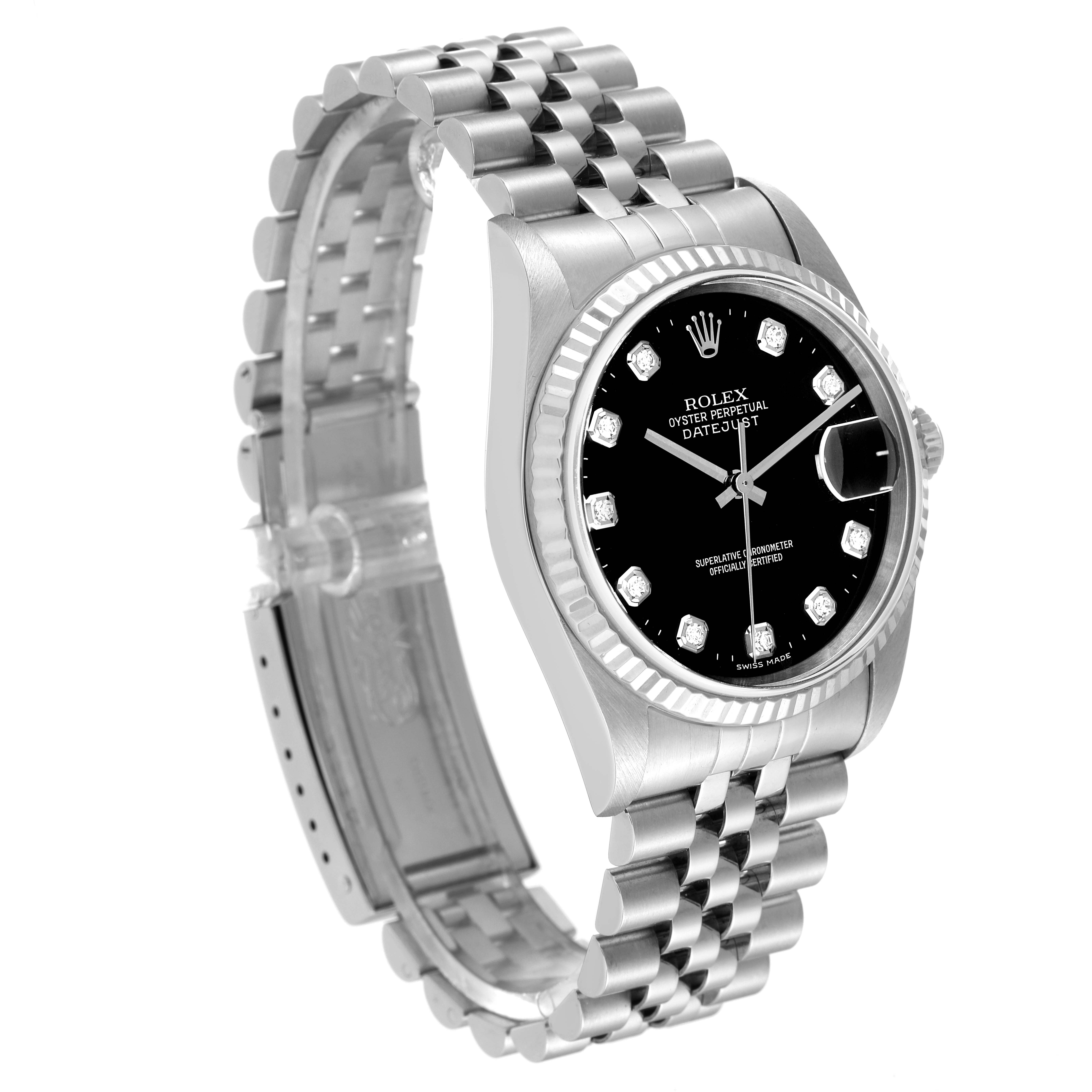 The Rolex Datejust 16234 Men's Stainless Steel Black Dial 16234 Men's Stainless Steel Black Dial watch is shown at a three-quarter angle highlighting the black dial, bezel, and jubilee bracelet.