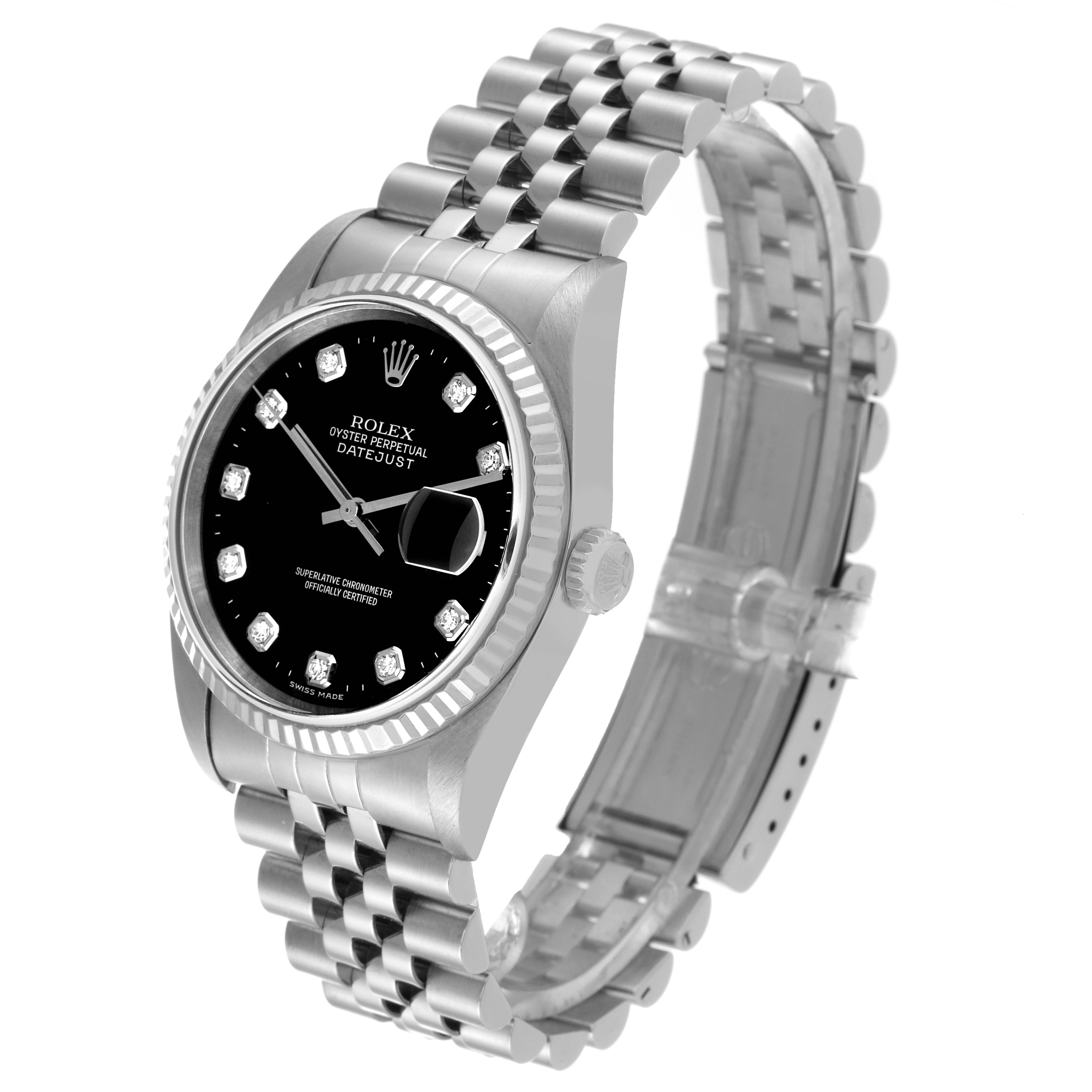 The image shows a Rolex Datejust 16234 Men's Stainless Steel Black Dial 16234 Men's Stainless Steel Black Dial watch at a slight angle, capturing the face, bezel, crown, and bracelet.