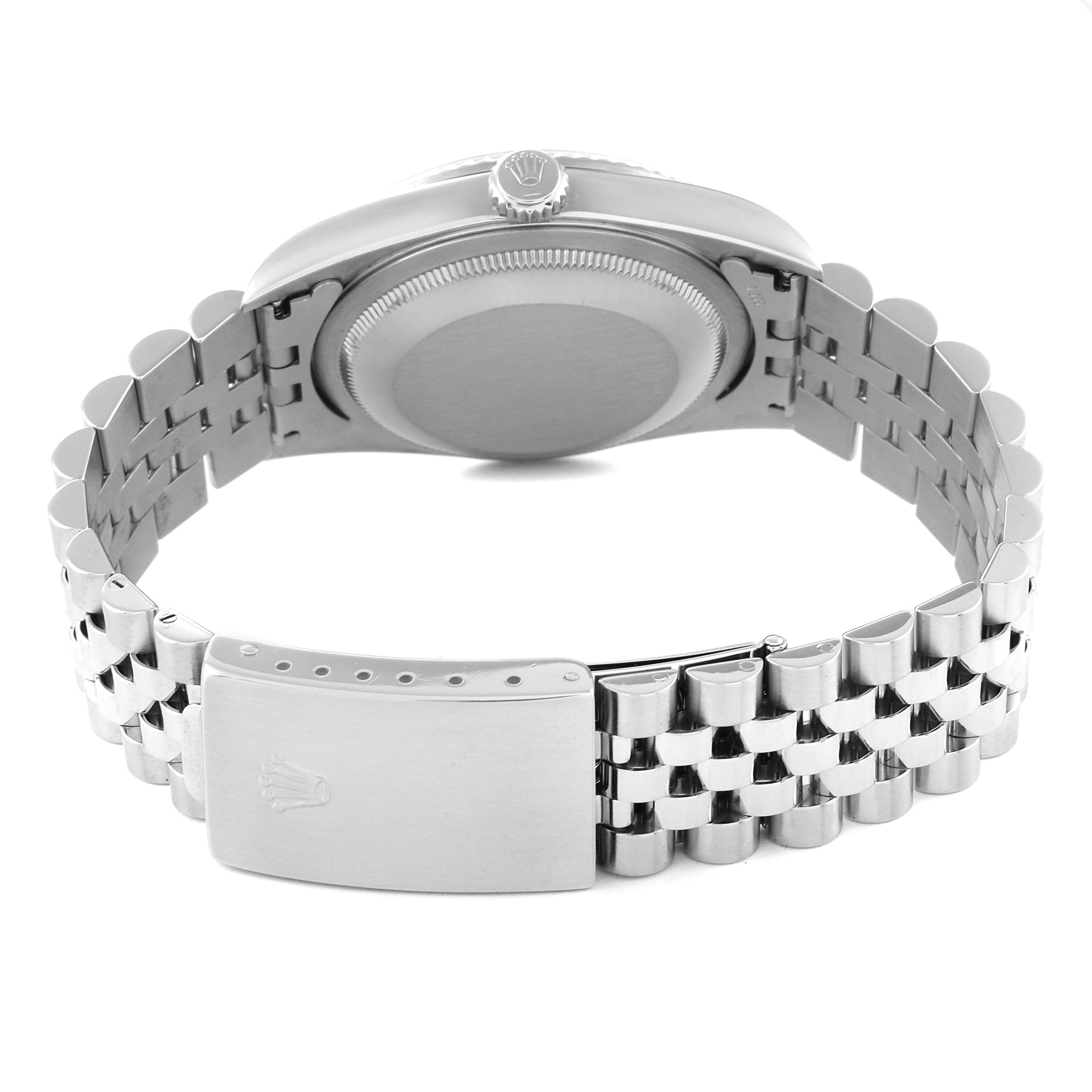 This image shows the back view of a Rolex Datejust 16234 Men's Stainless Steel Black Dial 16234 Men's Stainless Steel Black Dial watch, highlighting the case back, crown, and bracelet clasp.