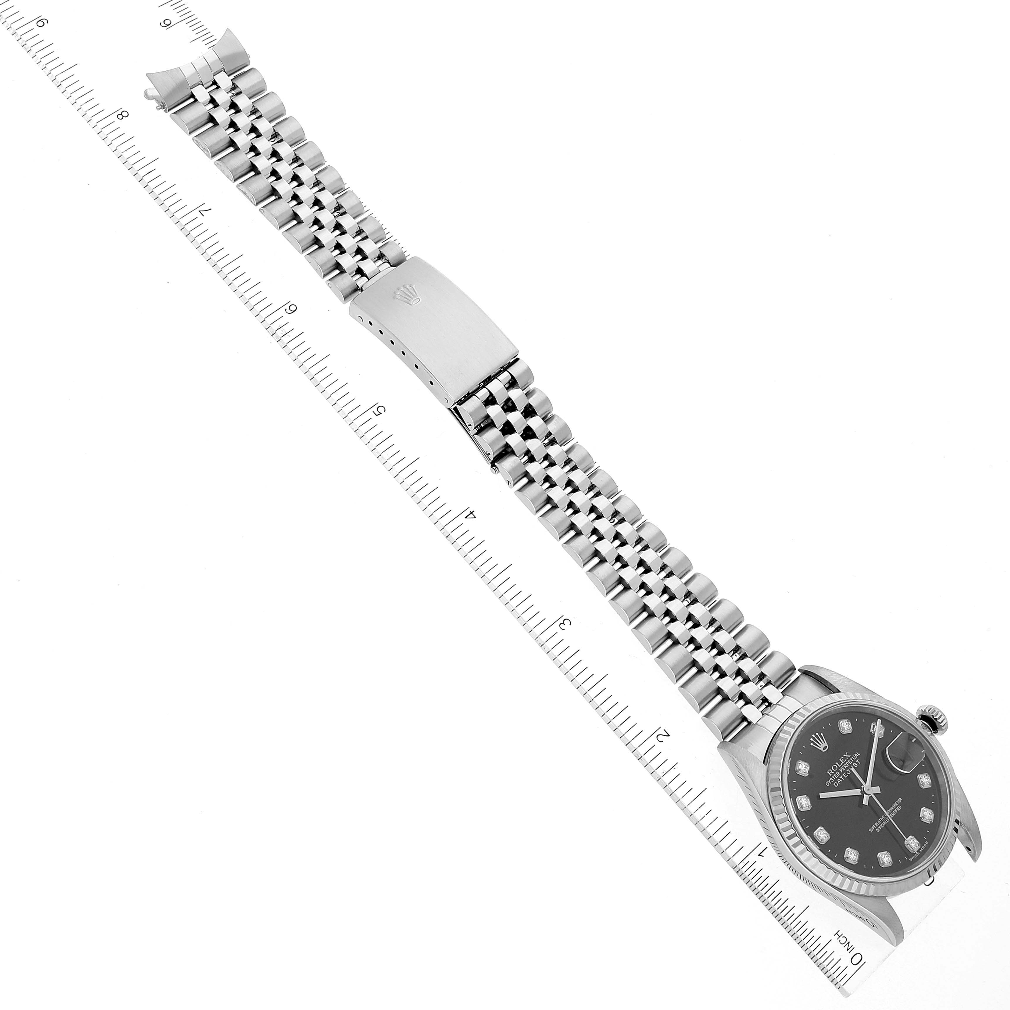 The image shows a Rolex Datejust 16234 Men's Stainless Steel Black Dial 16234 Men's Stainless Steel Black Dial watch displayed horizontally with a detailed view of its face, bracelet, and clasp.