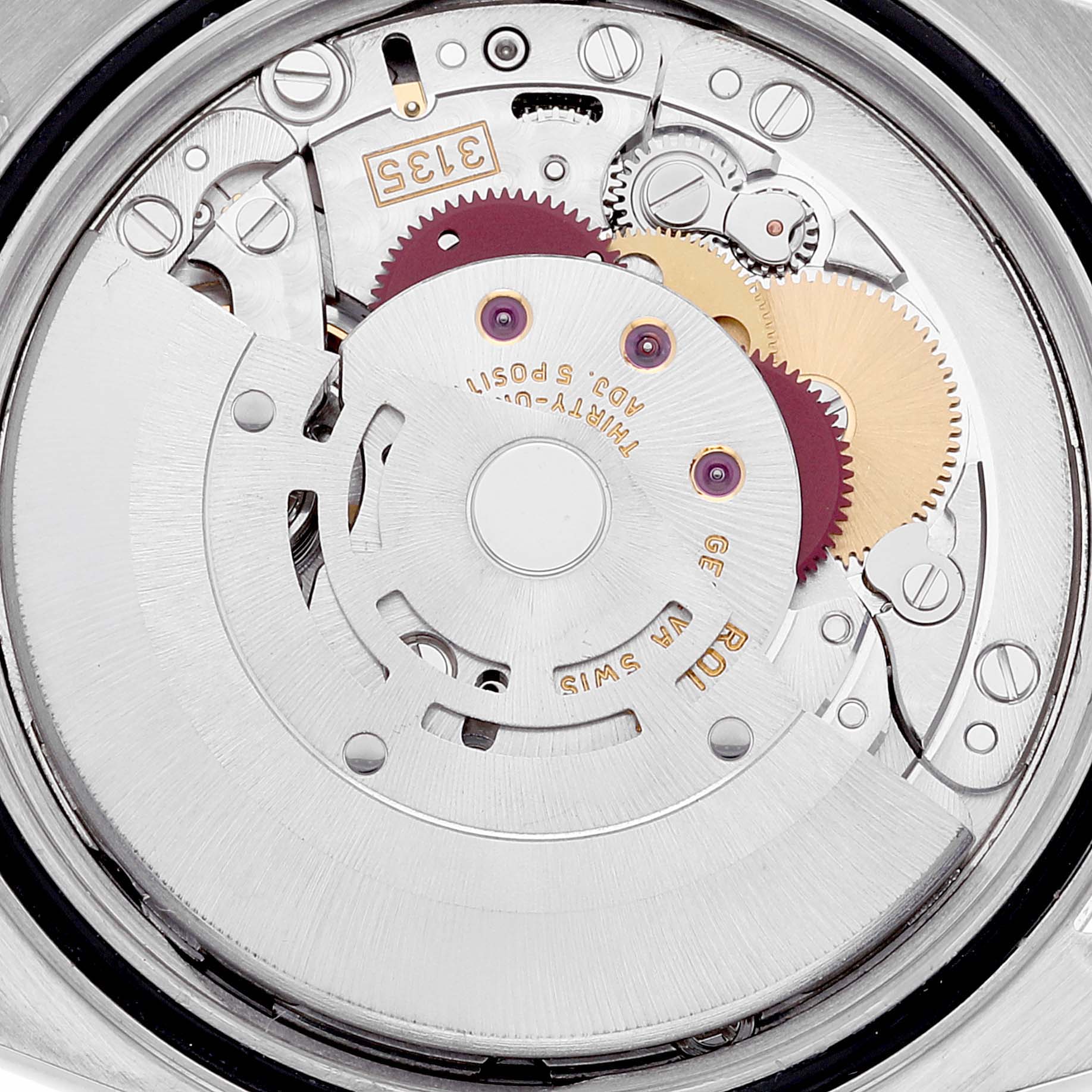 This image shows the intricate internal mechanism of the Rolex Datejust 16234 Men's Stainless Steel Black Dial 16234 Men's Stainless Steel Black Dial model watch, viewed from the back.