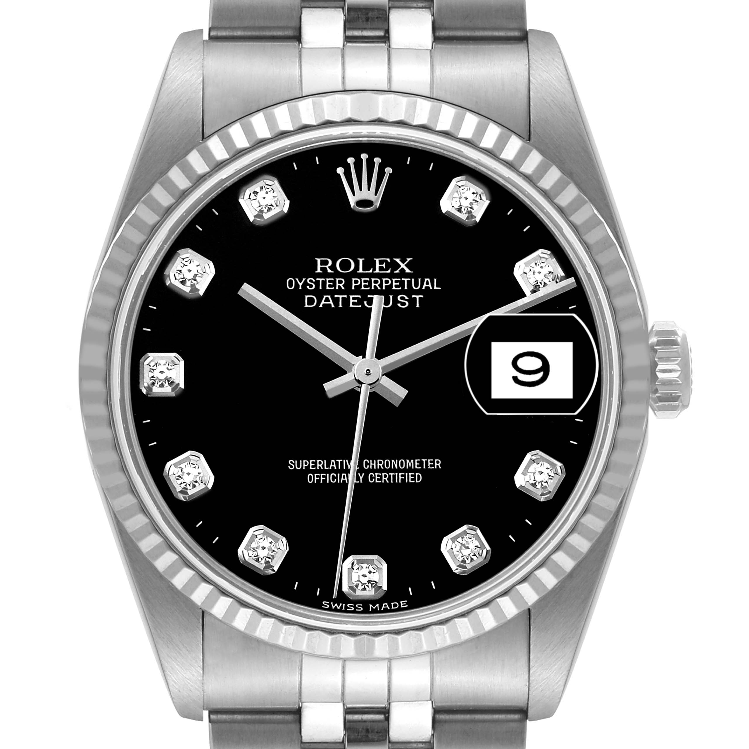This image shows a front view of the Rolex Datejust 16234 Men's Stainless Steel Black Dial 16234 Men's Stainless Steel Black Dial watch, displaying the dial, hour markers, hands, and date window.