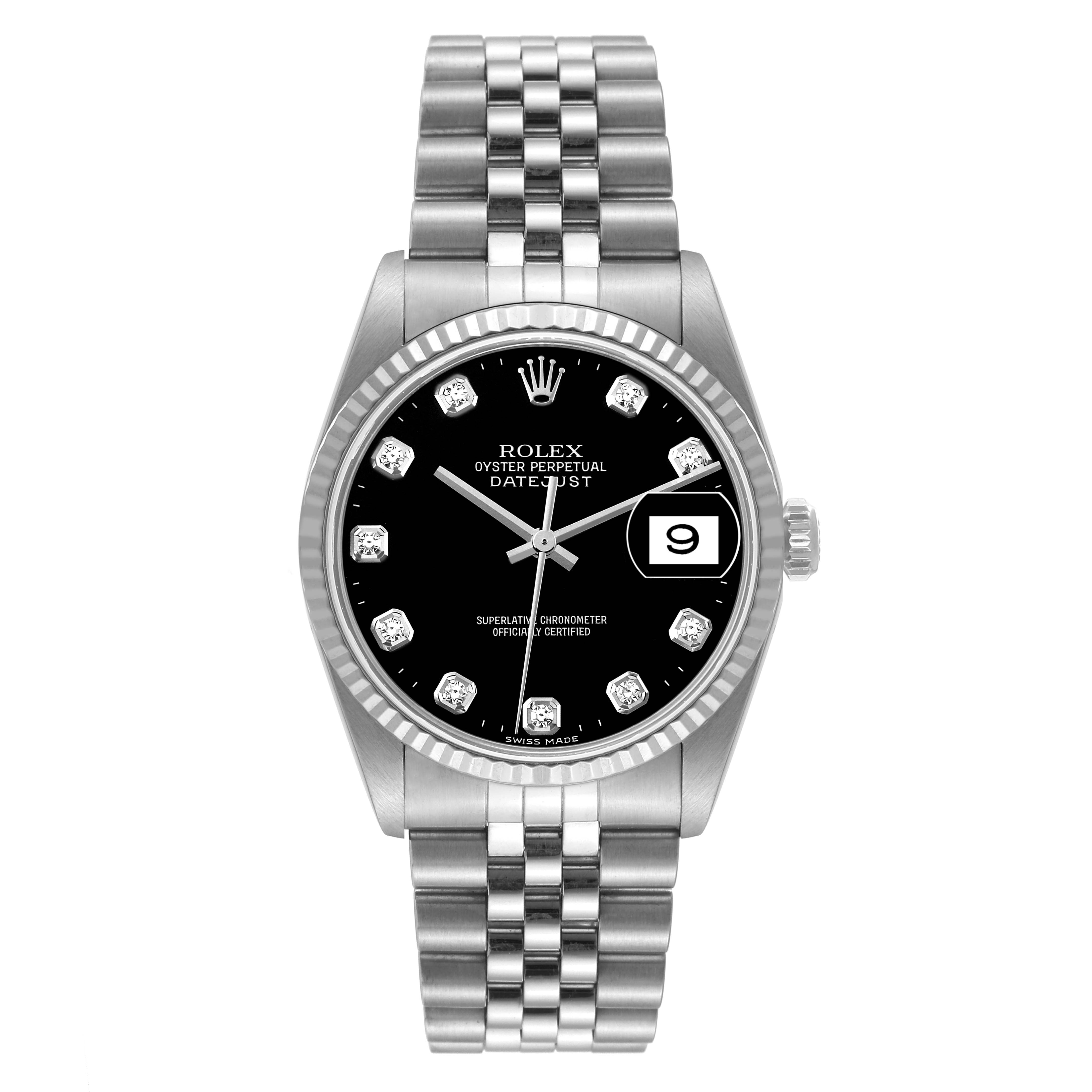 The image shows a front view of the Rolex Datejust 16234 Men's Stainless Steel Black Dial 16234 Men's Stainless Steel Black Dial watch, highlighting its black dial, date feature, and stainless steel bracelet.