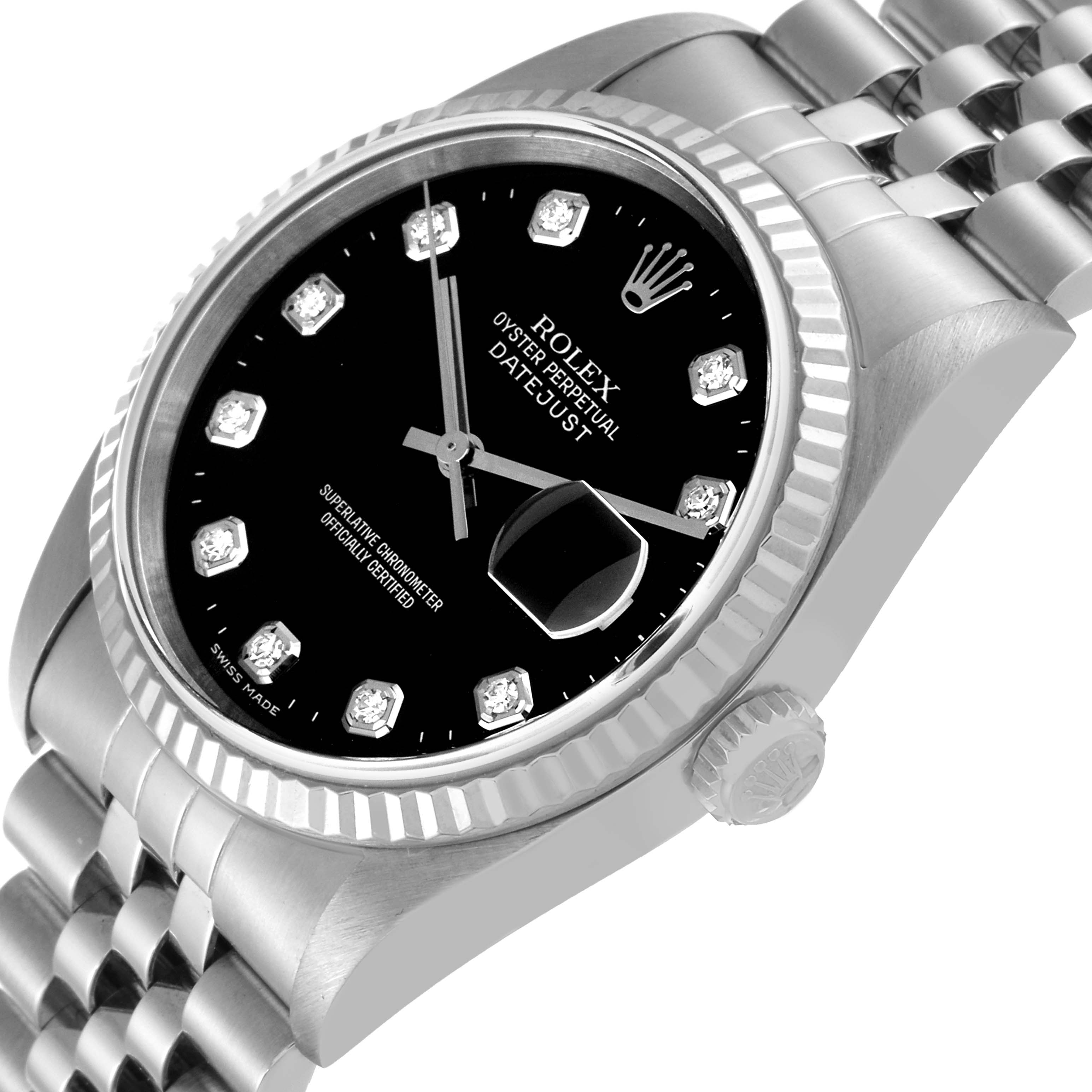 The image shows a close-up angle of a Rolex Datejust 16234 Men's Stainless Steel Black Dial 16234 Men's Stainless Steel Black Dial watch, highlighting the dial, bezel, and part of the bracelet.