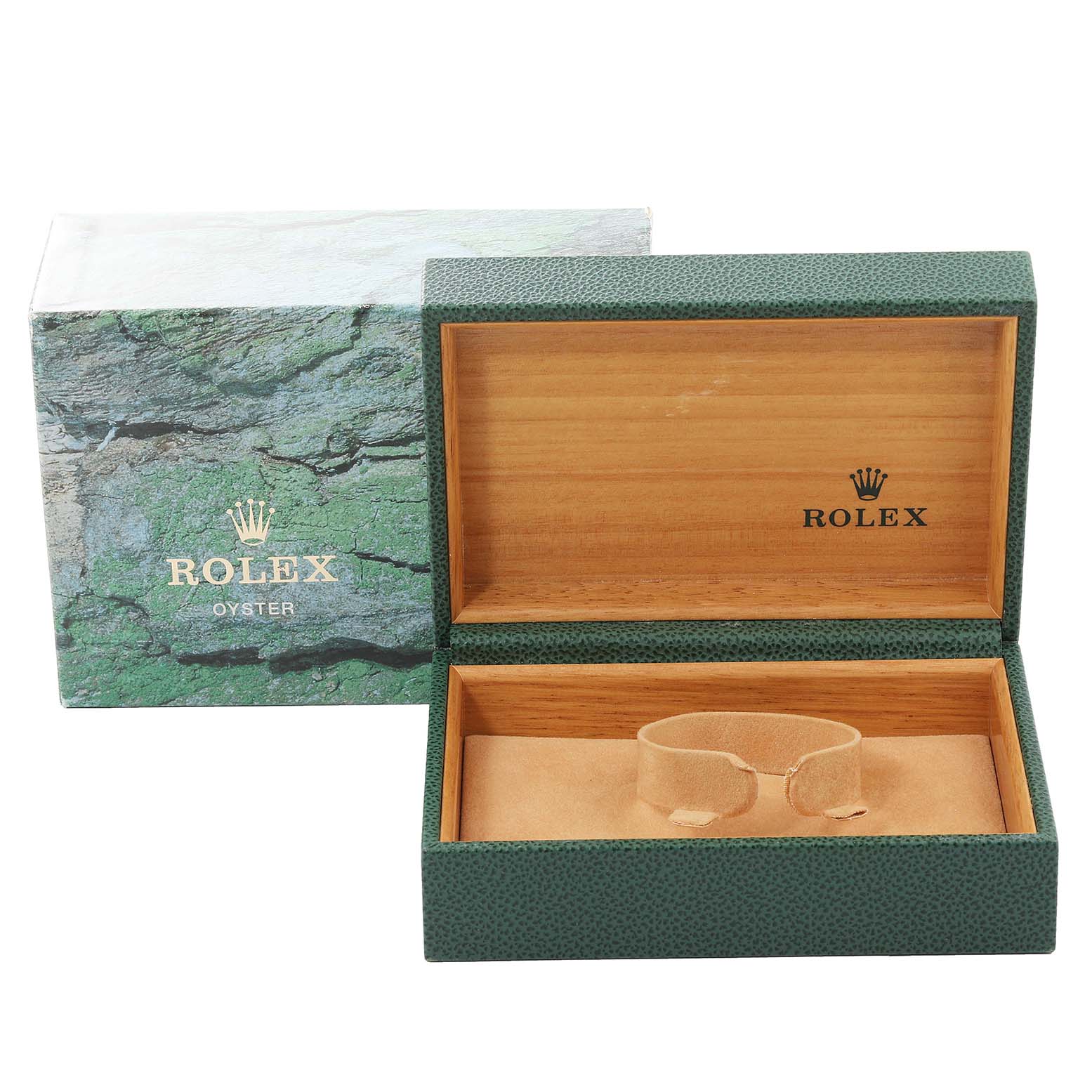 The image shows an open Rolex Datejust 16234 Men's Stainless Steel Black Dial 16234 Men's Stainless Steel Black Dial watch box with a green outer design and wooden interior, showcasing the brand's logo.