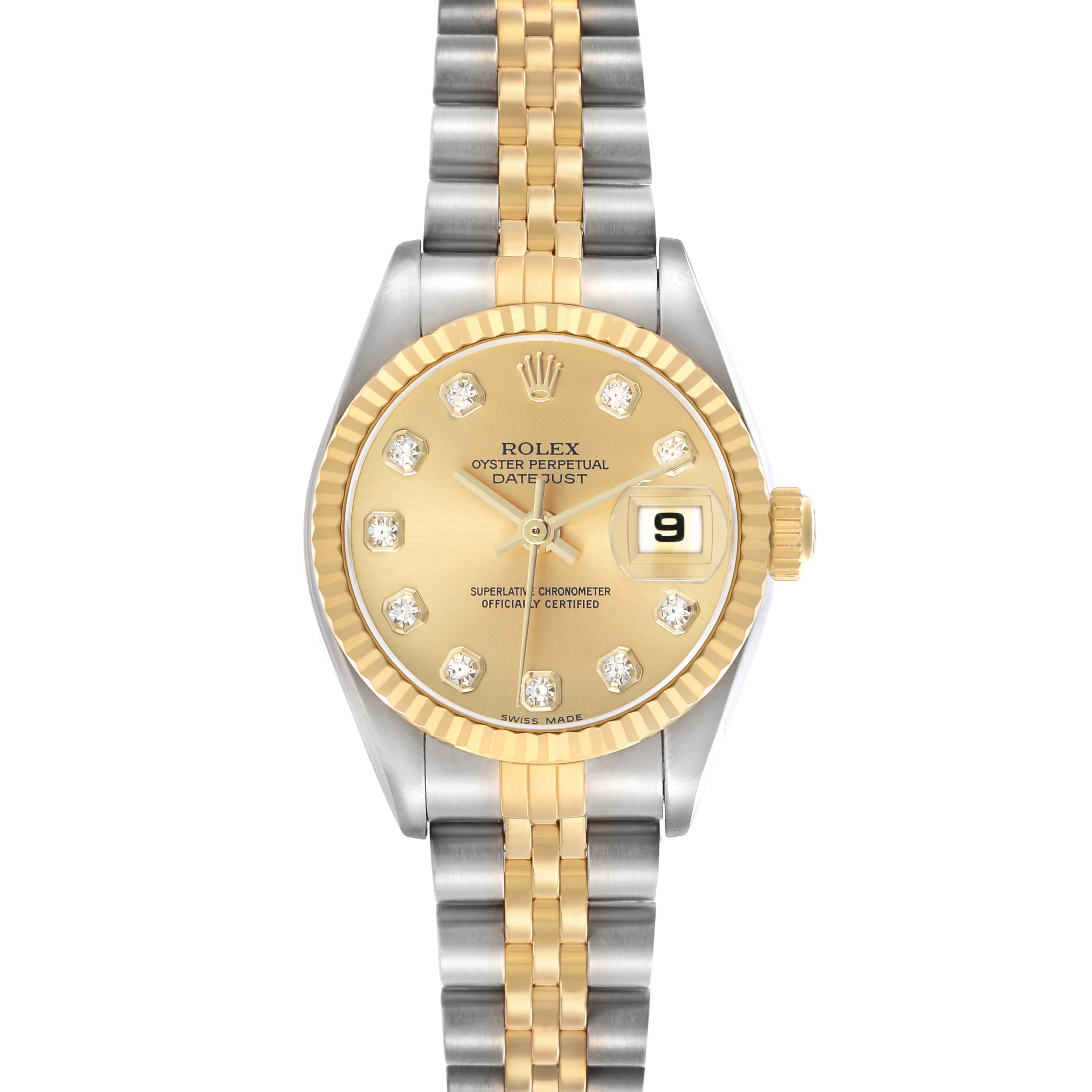 The Rolex Datejust 79173 Women's Steel and Gold (two tone) Champagne Dial watch is shown from a top-down angle highlighting its gold bezel, diamond markers, and two-tone bracelet.
