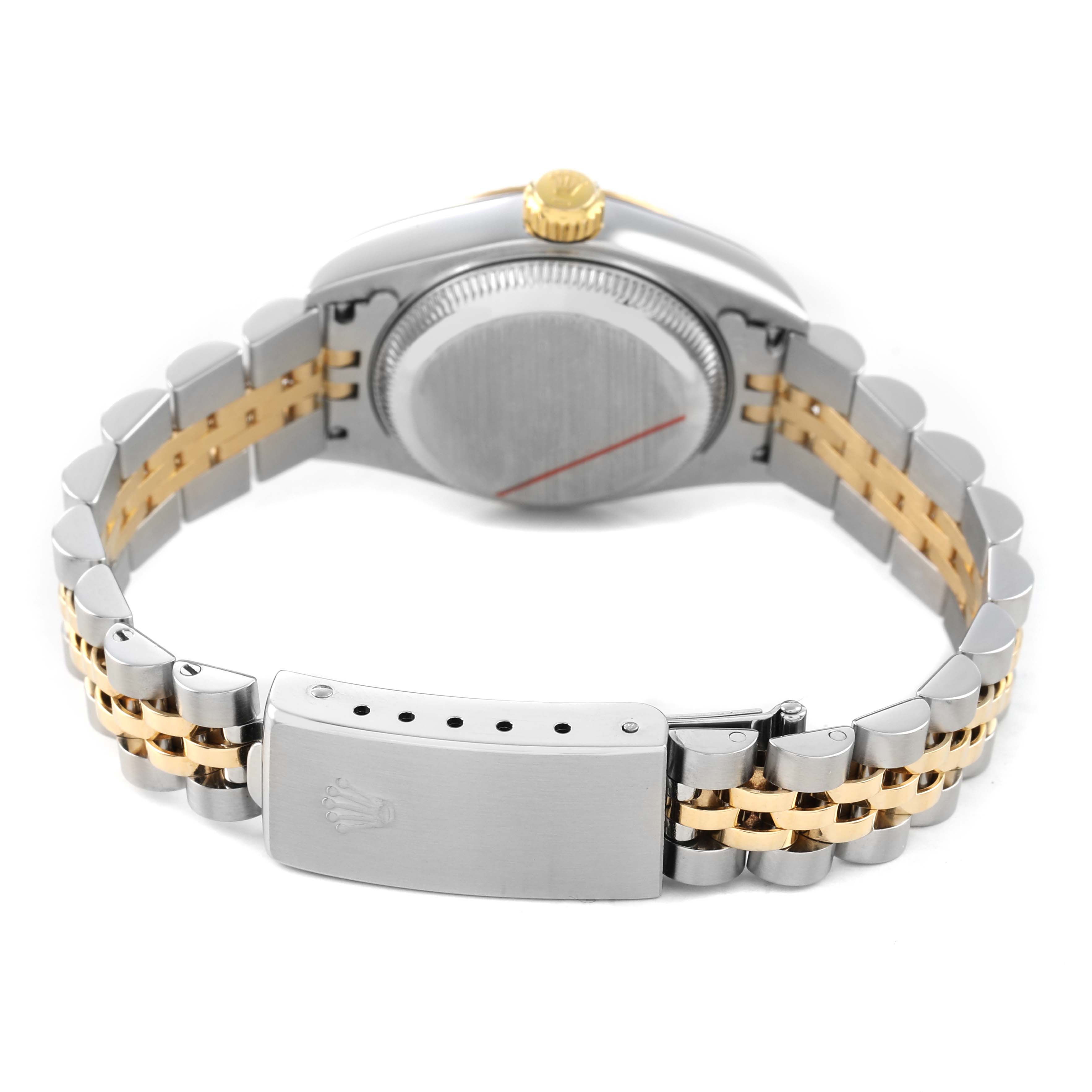 The image shows the back view of a Rolex Datejust 79173 Women's Steel and Gold (two tone) Champagne Dial watch displaying the clasp, bracelet, and case back.