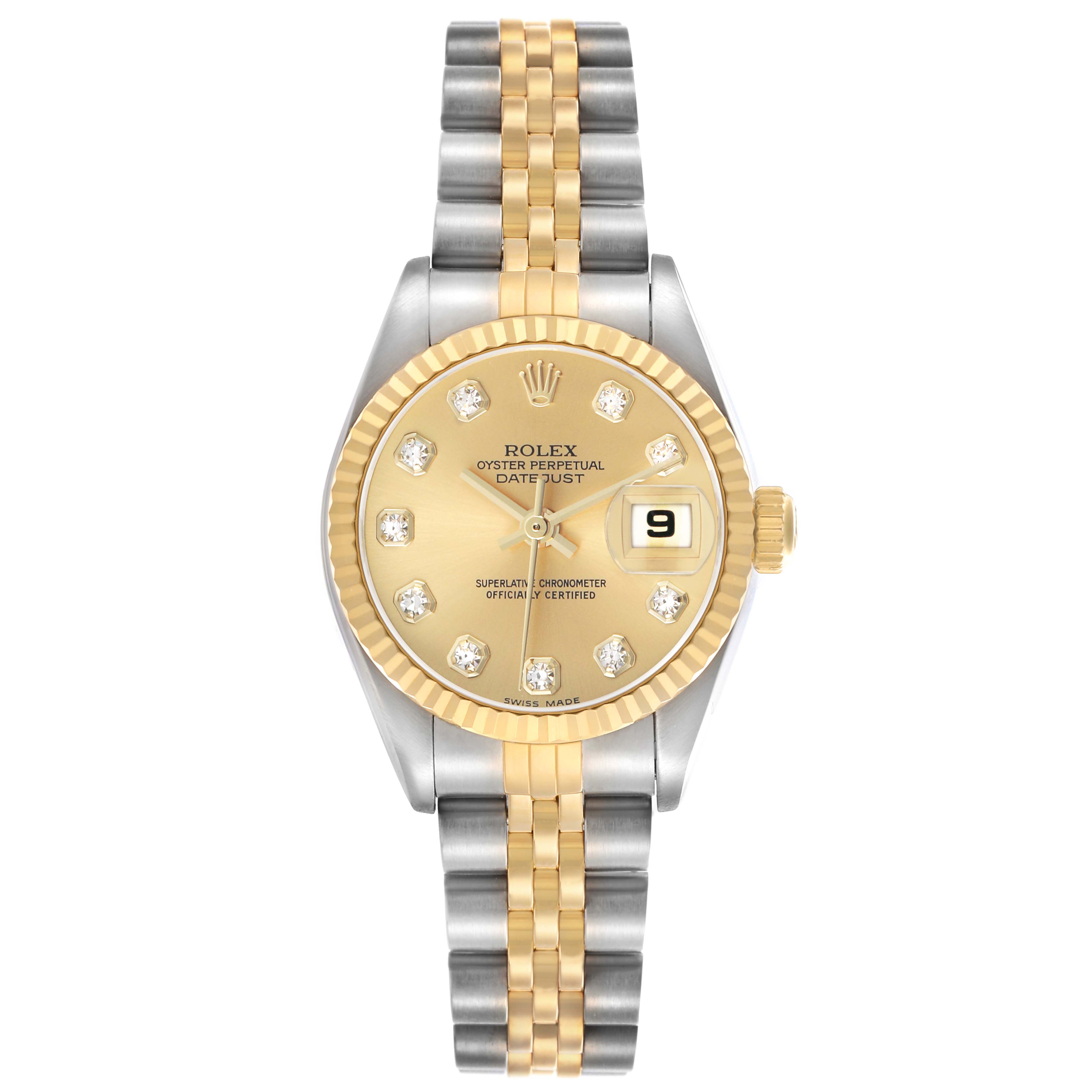 The Rolex Datejust 79173 Women's Steel and Gold (two tone) Champagne Dial watch is shown from a top view, highlighting the gold and silver bracelet, fluted bezel, and dial with diamond markers.