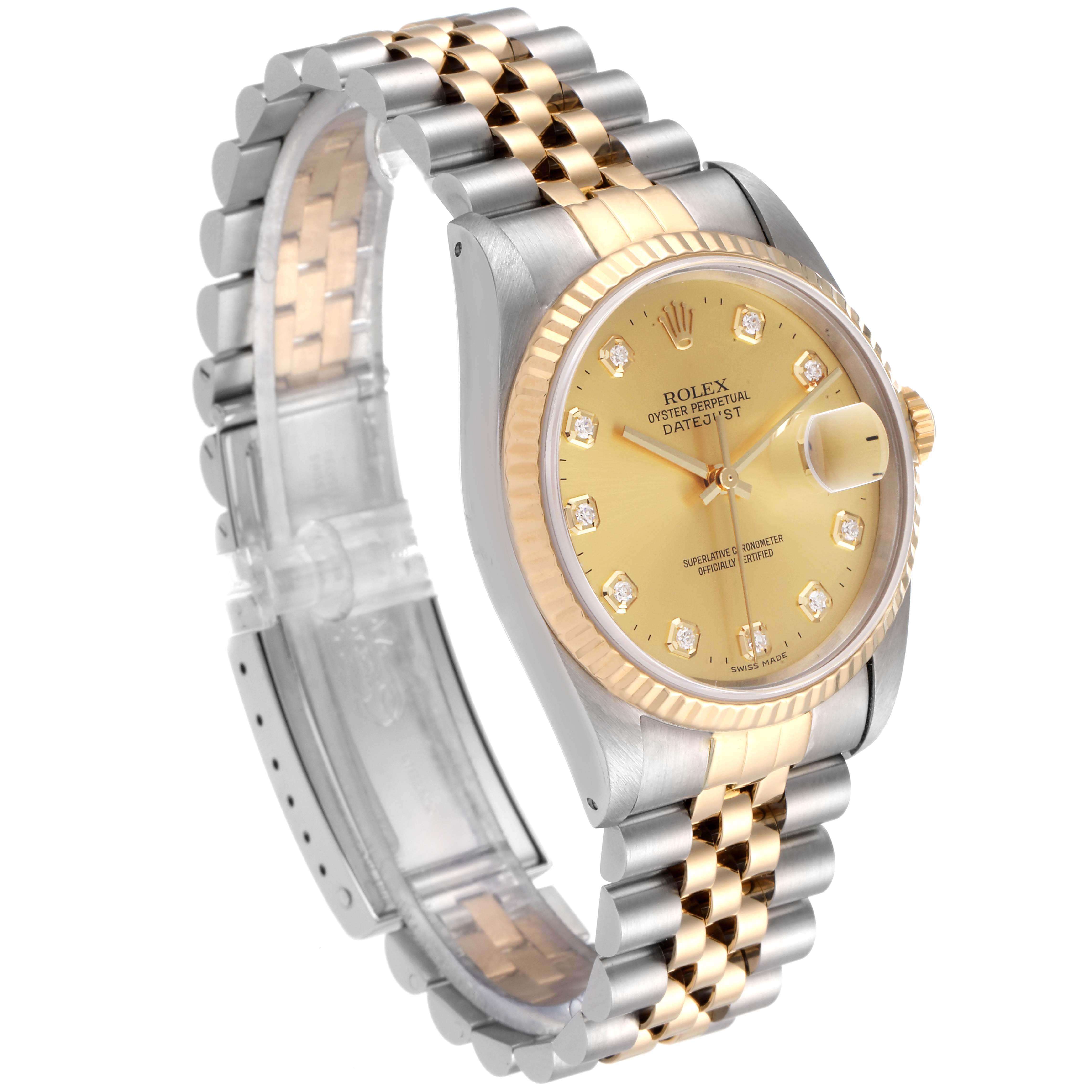 The image shows a Rolex Datejust 16233 Men's Steel and Gold (two tone) Champagne Dial 16233 Men's Steel and Gold (two tone) Champagne Dial watch at a 3 o'clock angle, highlighting its dial, bracelet, and bezel.