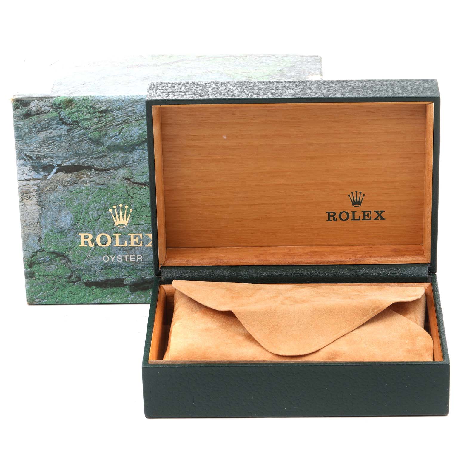 The image shows an open Rolex Datejust 16233 Men's Steel and Gold (two tone) Champagne Dial 16233 Men's Steel and Gold (two tone) Champagne Dial watch box with an outer box and a suede pouch inside viewed from the front.