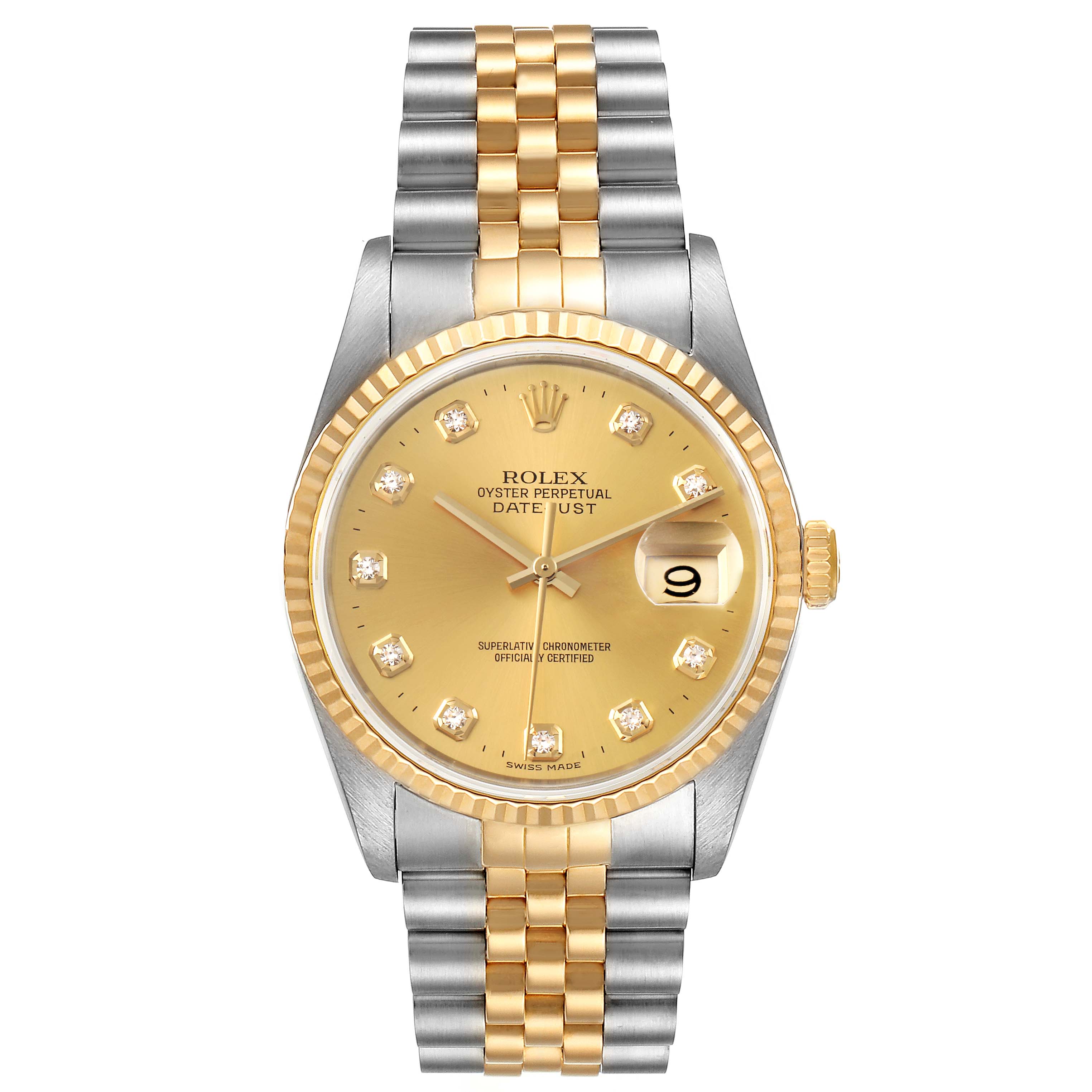 This is a Rolex Datejust 16233 Men's Steel and Gold (two tone) Champagne Dial 16233 Men's Steel and Gold (two tone) Champagne Dial watch shown from a top-down angle, displaying the dial, bezel, and two-tone bracelet.