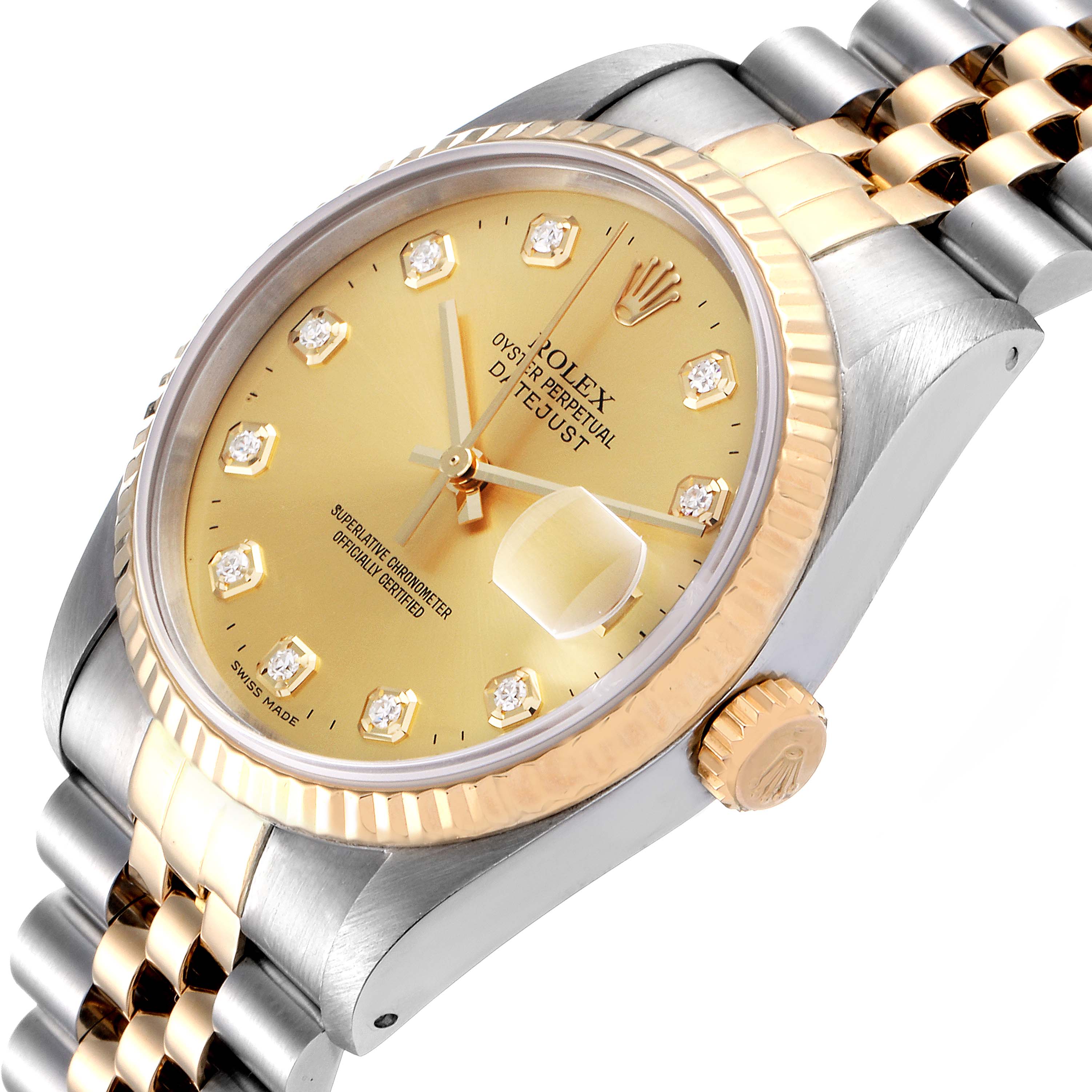 The image shows a Rolex Datejust 16233 Men's Steel and Gold (two tone) Champagne Dial 16233 Men's Steel and Gold (two tone) Champagne Dial watch from an angled side view, showcasing its bezel, crown, dial, and bracelet.