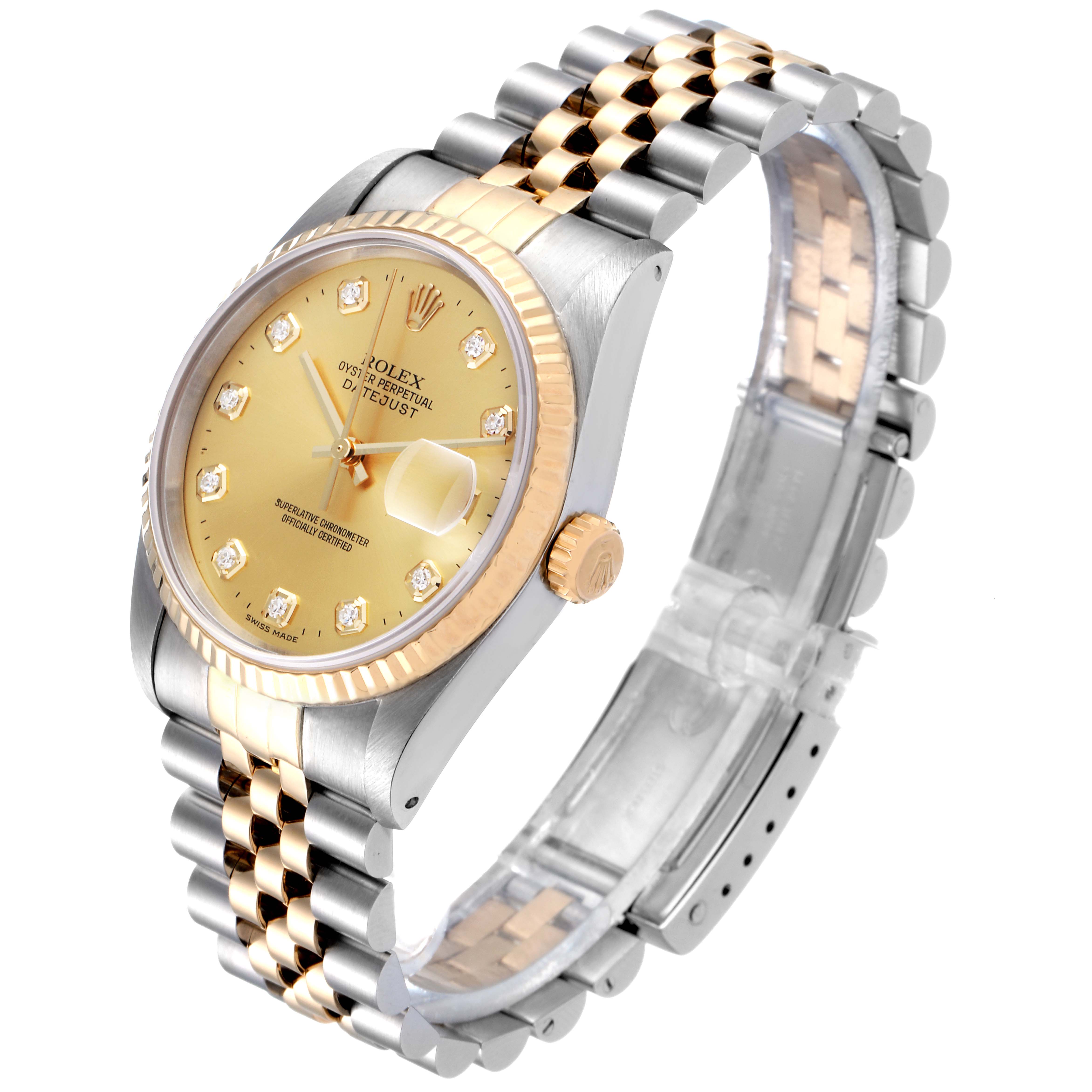 The image shows the Rolex Datejust 16233 Men's Steel and Gold (two tone) Champagne Dial 16233 Men's Steel and Gold (two tone) Champagne Dial watch from an angled side view, highlighting the face, crown, bezel, and two-tone bracelet.