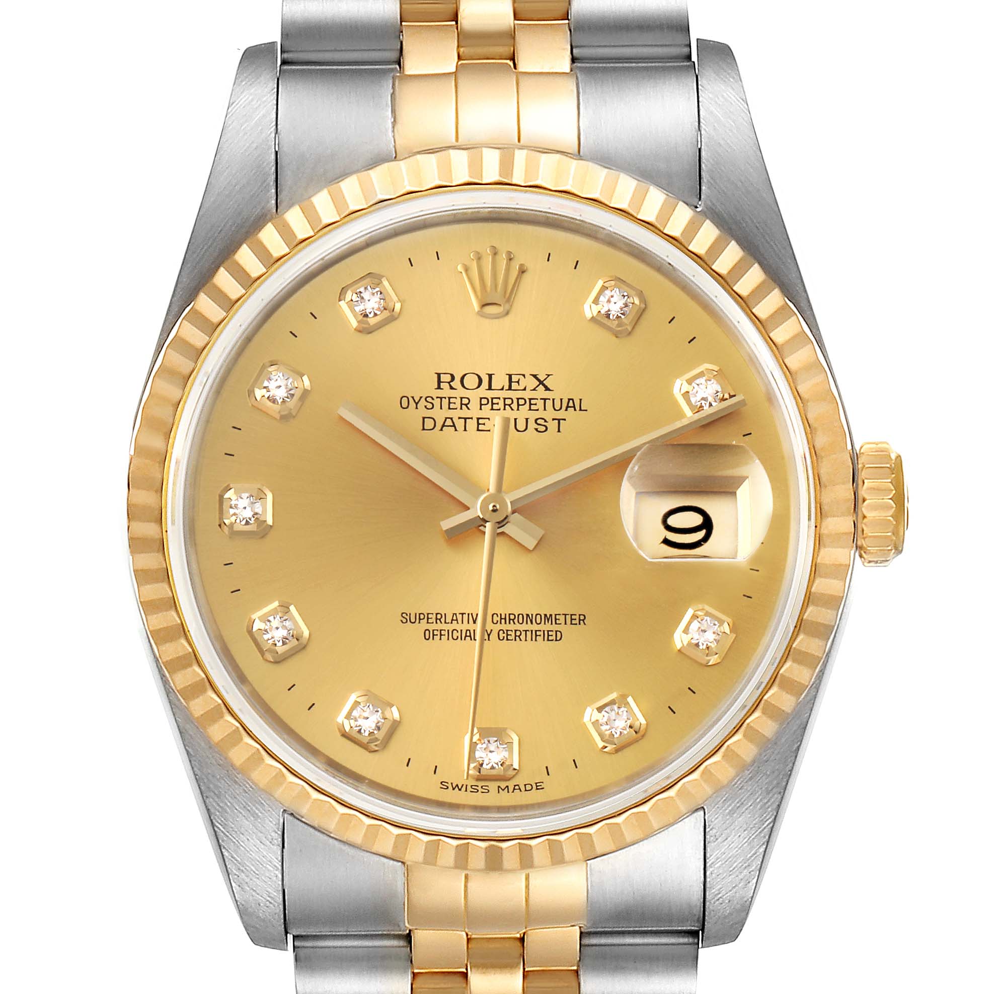 This image shows a frontal view of a Rolex Datejust 16233 Men's Steel and Gold (two tone) Champagne Dial 16233 Men's Steel and Gold (two tone) Champagne Dial watch with a gold dial, diamond hour markers, and a two-tone bracelet.