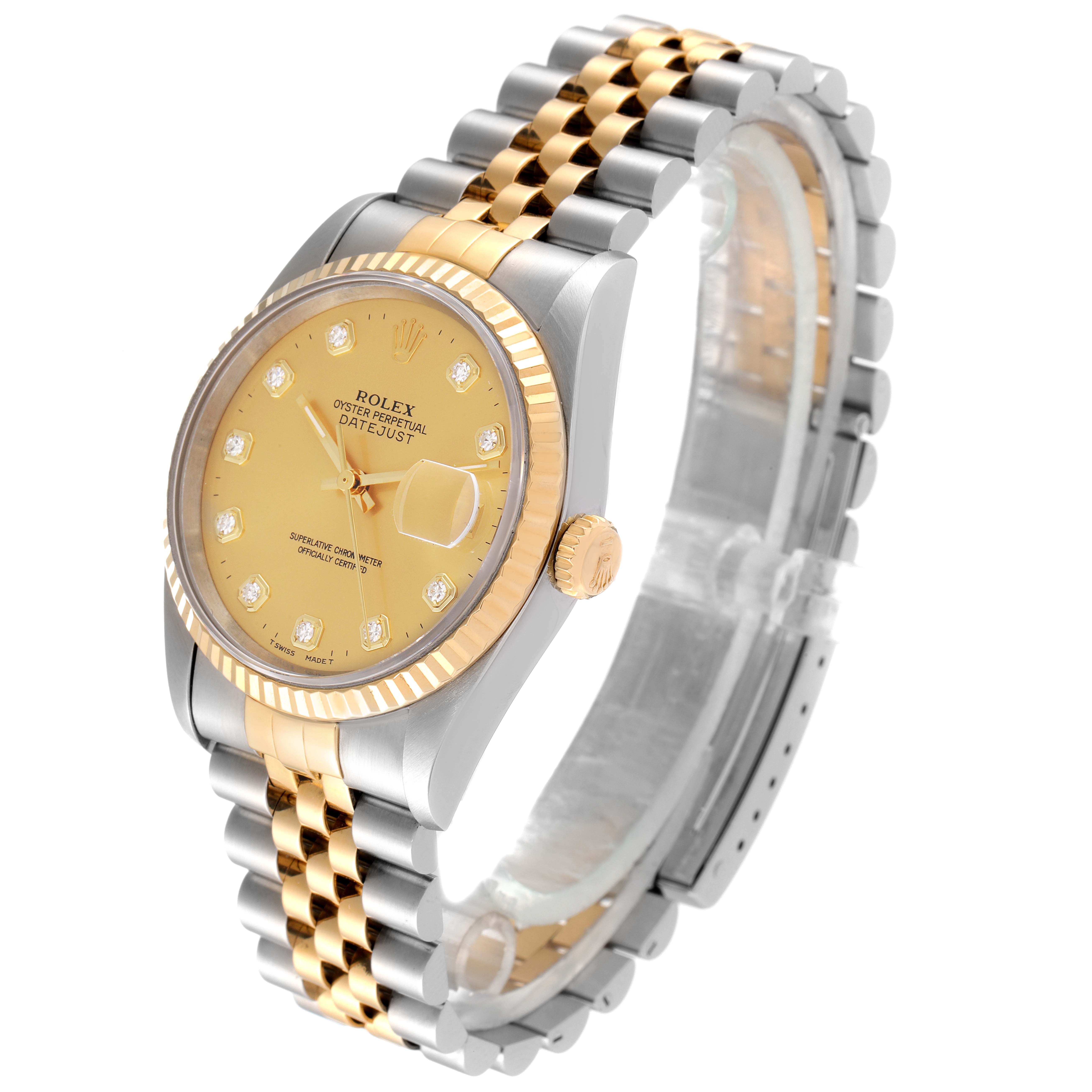 The image shows a Rolex Datejust 16233 Men's Steel and Gold (two tone) Champagne Dial 16233 Men's Steel and Gold (two tone) Champagne Dial watch at a three-quarter angle, featuring its gold bezel, crown, dial with diamond markers, and jubilee bracelet.