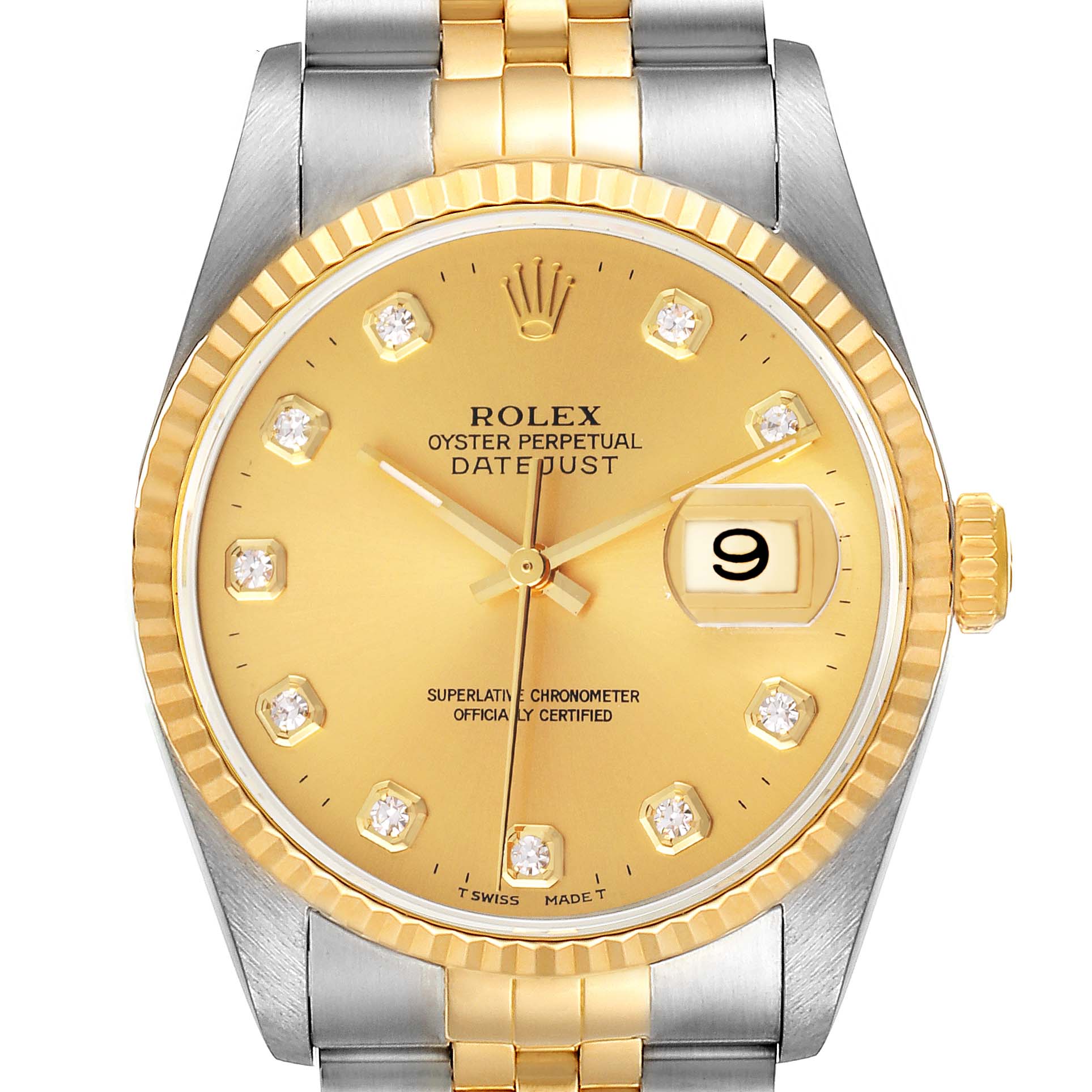 This image shows a front view of a Rolex Datejust 16233 Men's Steel and Gold (two tone) Champagne Dial 16233 Men's Steel and Gold (two tone) Champagne Dial watch, displaying its face, bezel, and part of the bracelet.