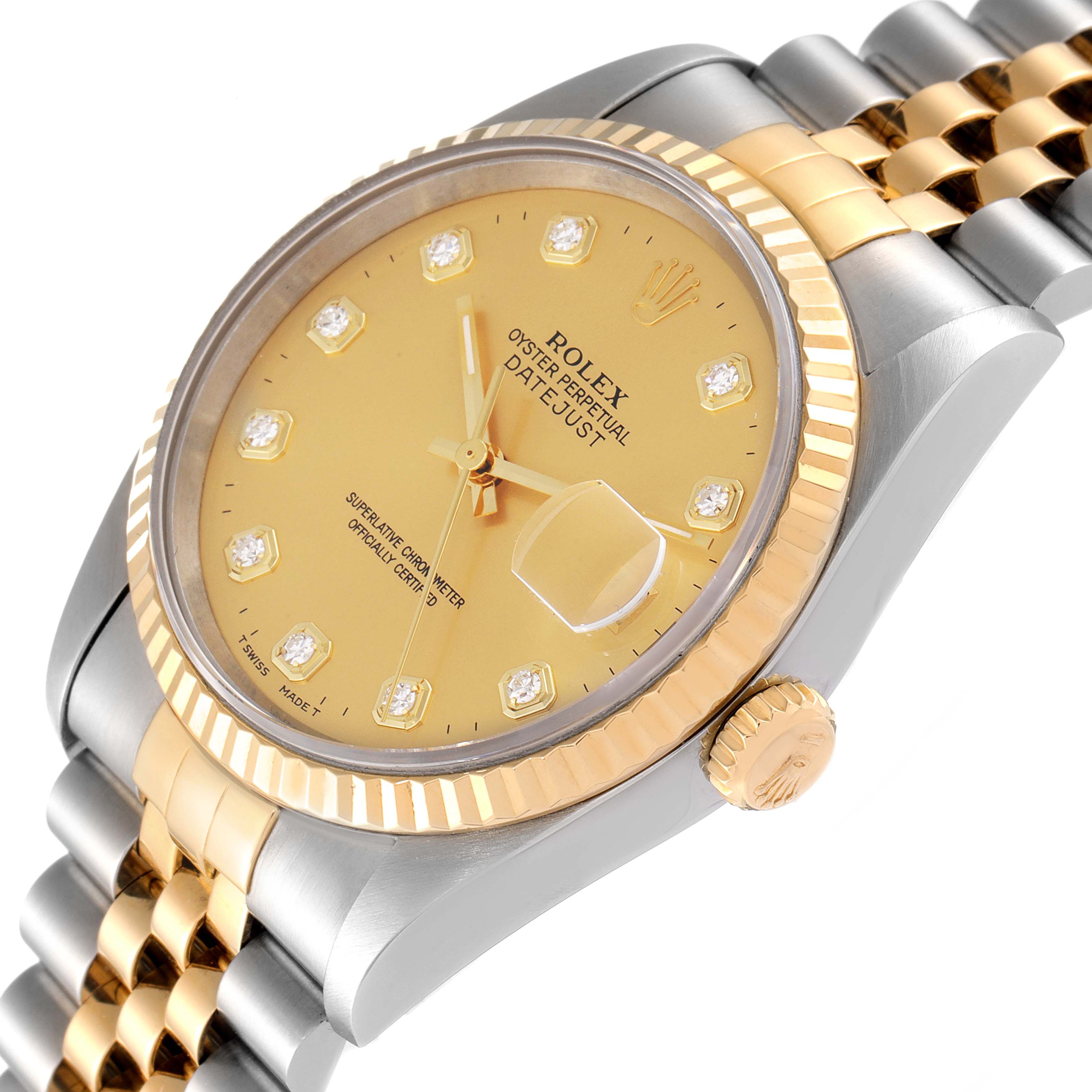 The image shows a close-up, angled view of a Rolex Datejust 16233 Men's Steel and Gold (two tone) Champagne Dial 16233 Men's Steel and Gold (two tone) Champagne Dial watch, highlighting its dial, crown, and two-tone bracelet.