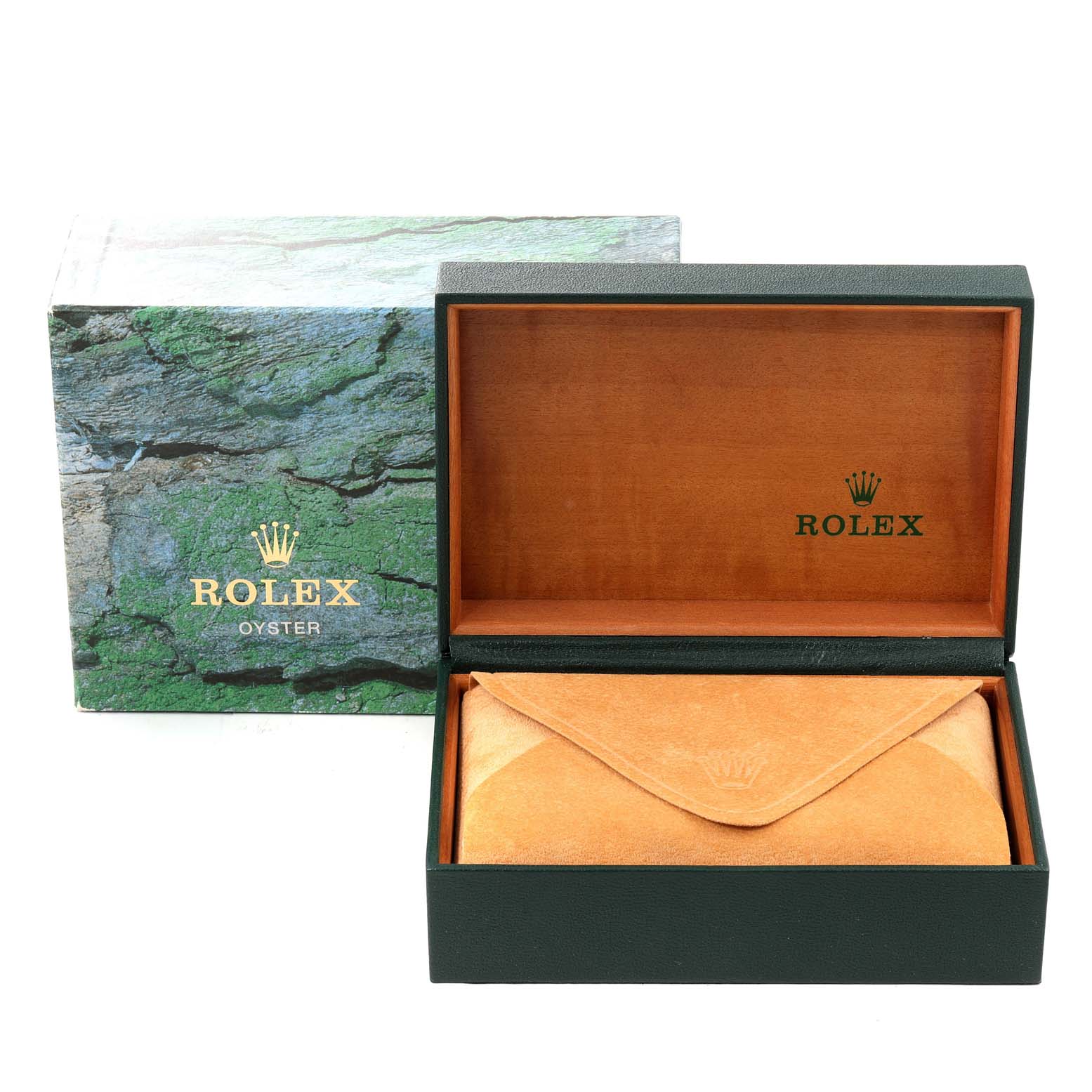 This image shows the branded outer box and open inner box for a Rolex Datejust 16233 Men's Steel and Gold (two tone) Champagne Dial 16233 Men's Steel and Gold (two tone) Champagne Dial watch, with a suede pouch inside.