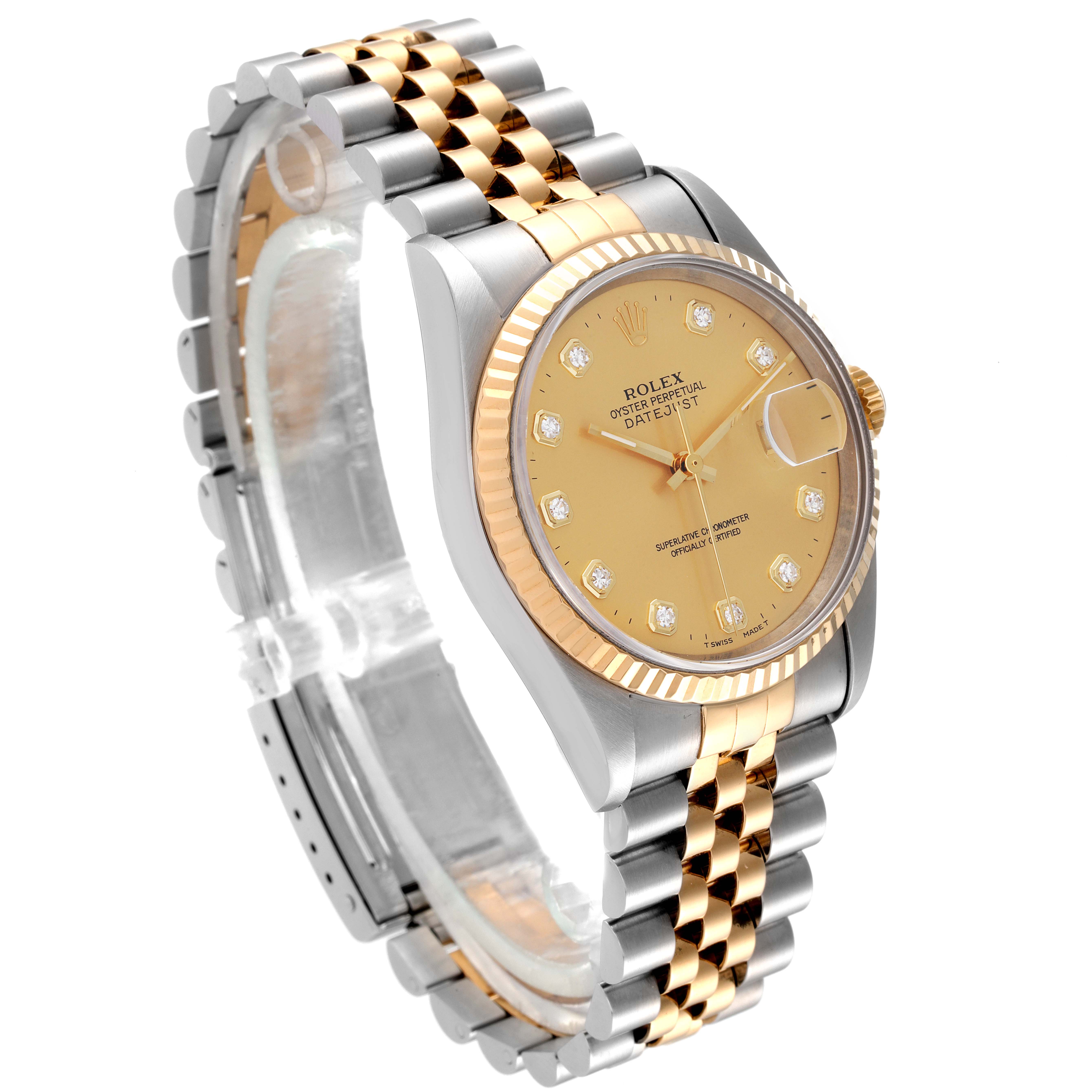 This image shows a side angle of a Rolex Datejust 16233 Men's Steel and Gold (two tone) Champagne Dial 16233 Men's Steel and Gold (two tone) Champagne Dial watch, highlighting its two-tone bracelet and diamond hour markers on a gold dial.