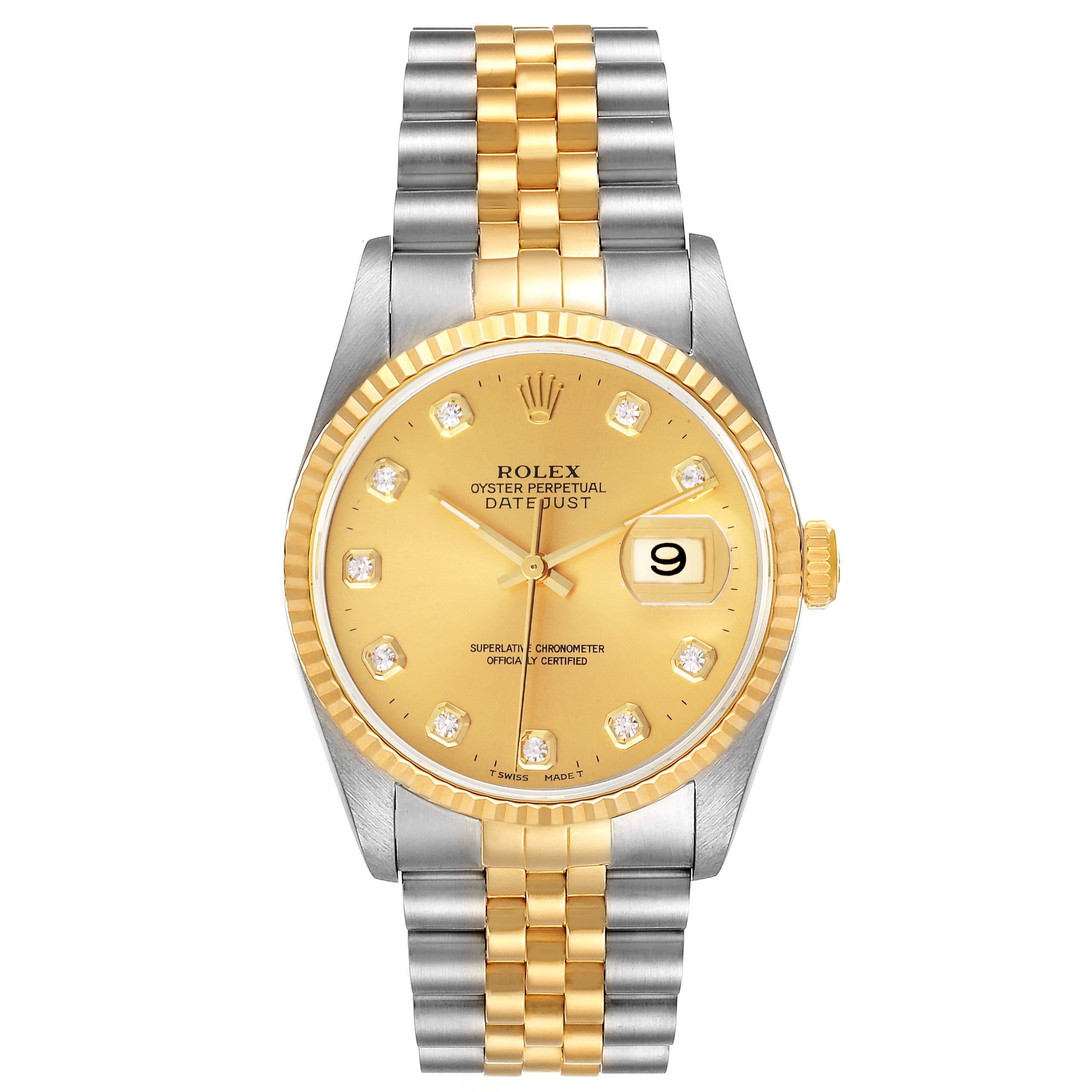 This Rolex Datejust 16233 Men's Steel and Gold (two tone) Champagne Dial 16233 Men's Steel and Gold (two tone) Champagne Dial watch is shown from a front angle, displaying the dial, bezel, crown, and bracelet.