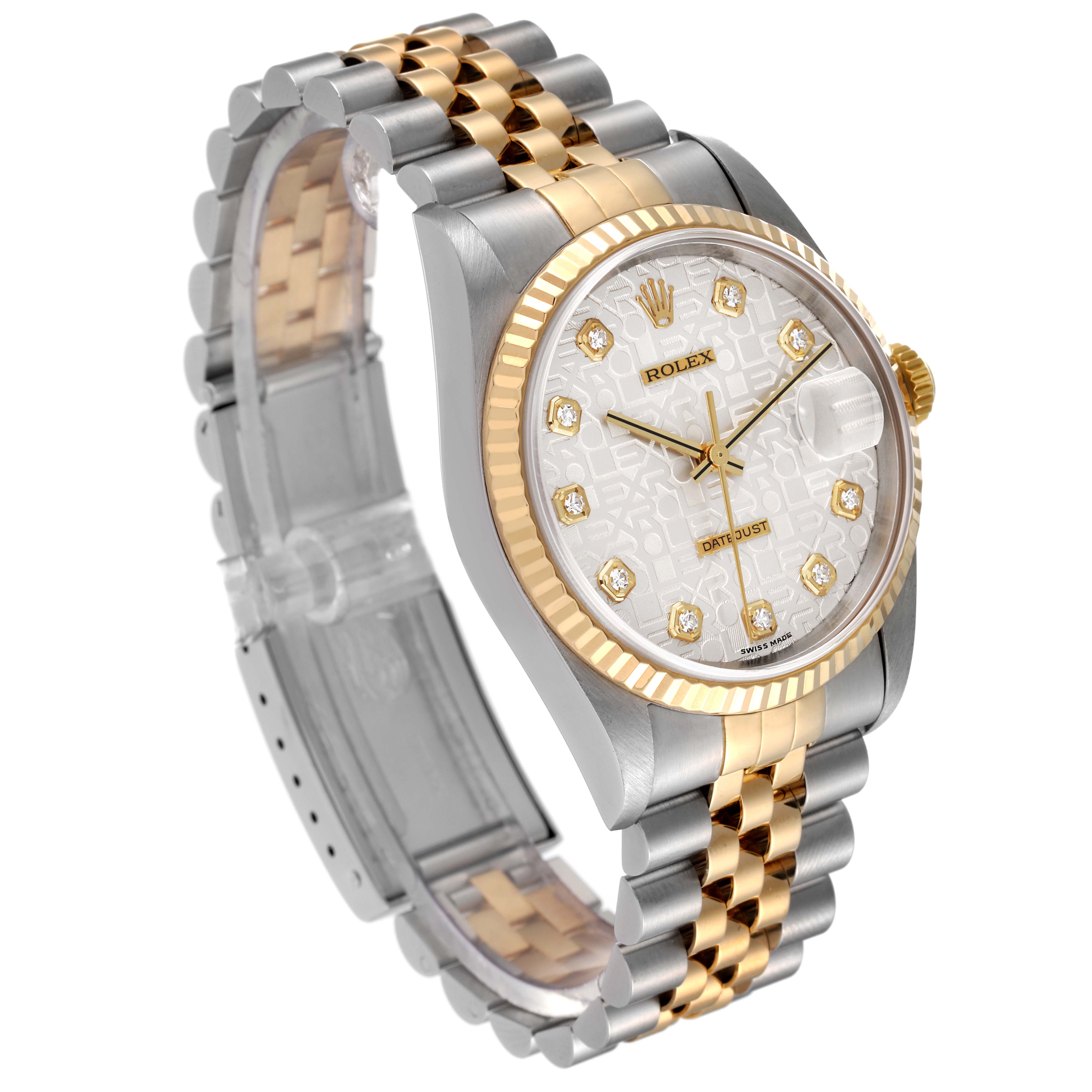 The Rolex Datejust 16233 Men's Steel and Gold (two tone) Silver Dial 16233 Men's Steel and Gold (two tone) Silver Dial watch is shown at a 3/4 angle, highlighting its gold and silver Jubilee bracelet, fluted bezel, and diamond hour markers.