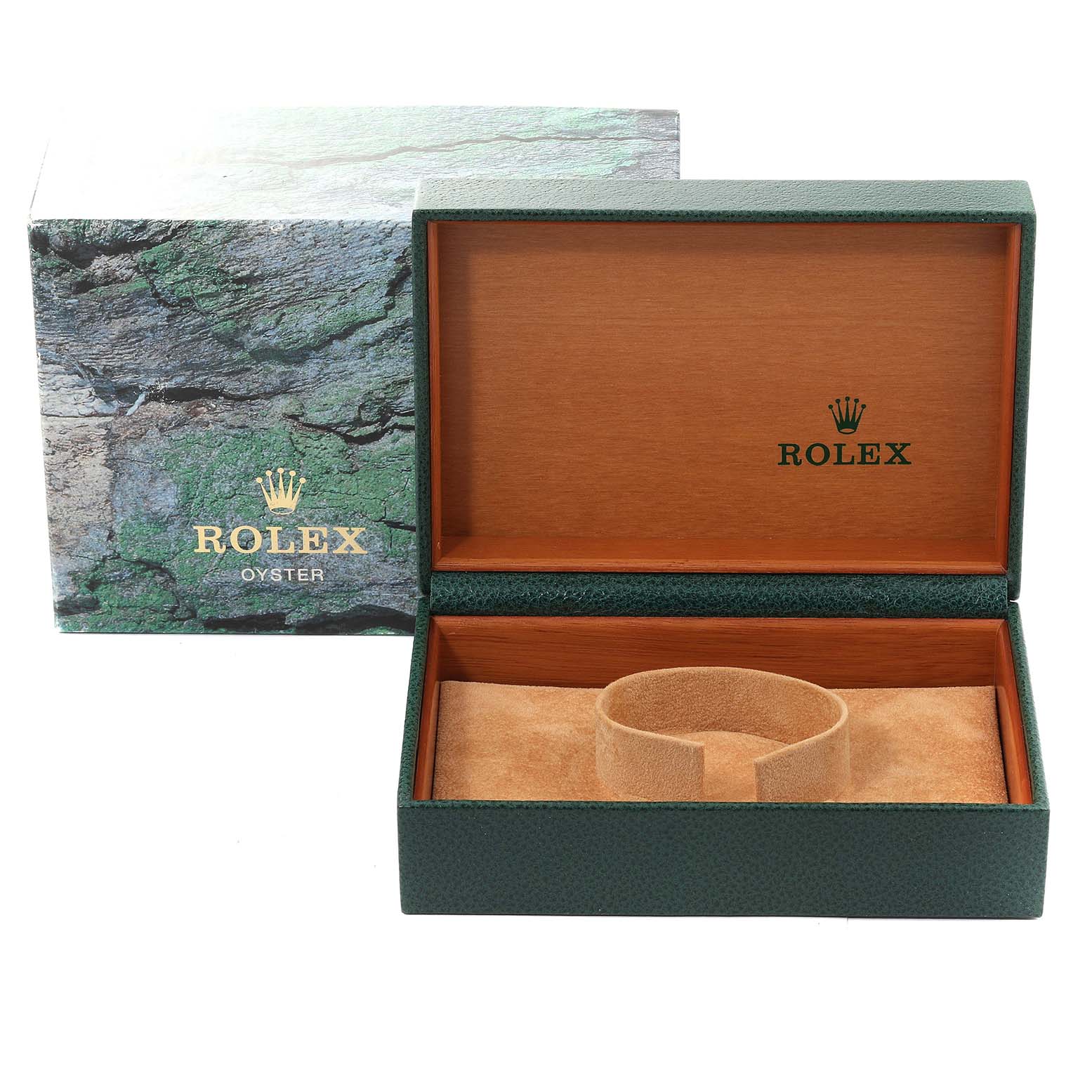 The image shows an open Rolex Datejust 16233 Men's Steel and Gold (two tone) Silver Dial 16233 Men's Steel and Gold (two tone) Silver Dial watch box and outer packaging from a front angle.