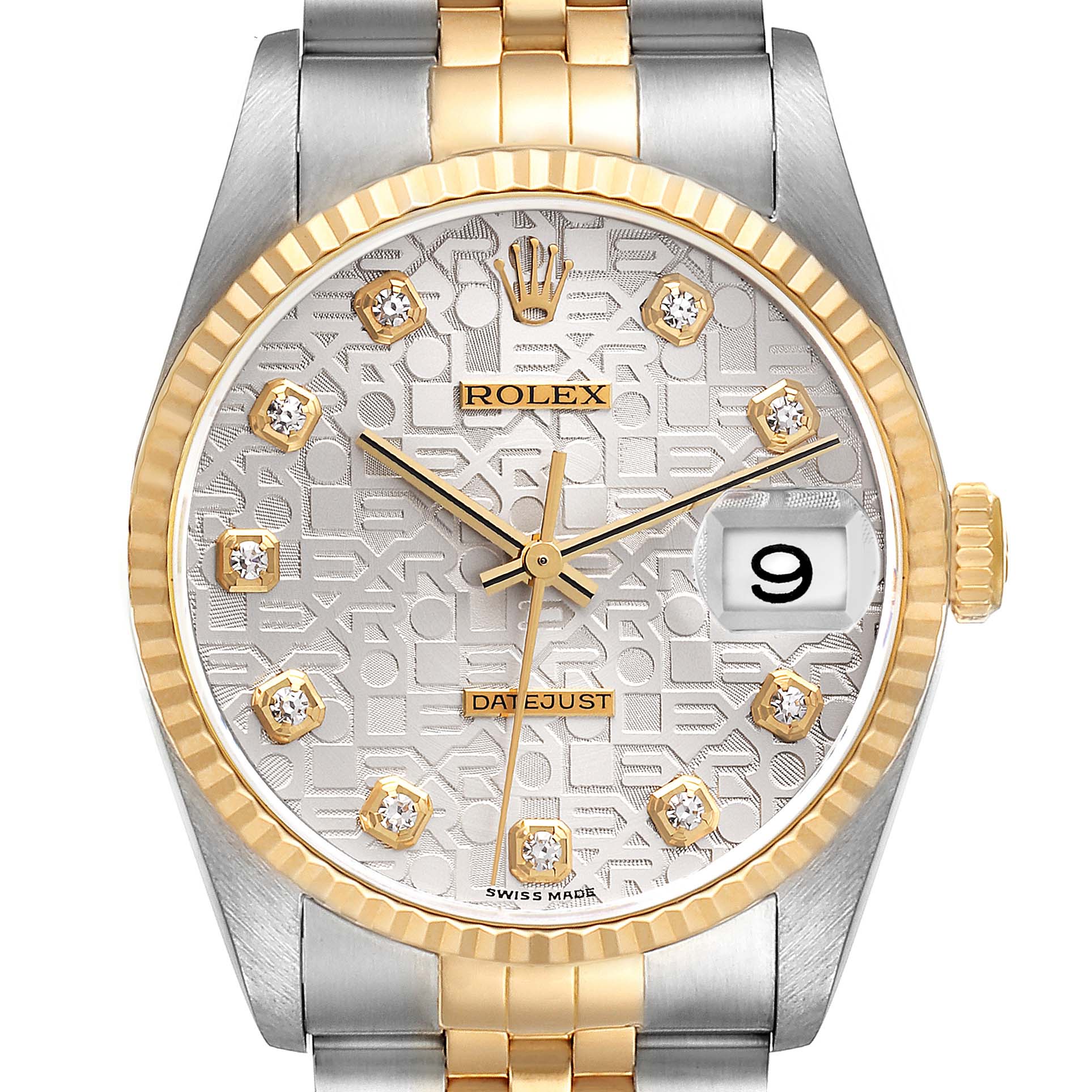 The image shows a front view of the Rolex Datejust 16233 Men's Steel and Gold (two tone) Silver Dial 16233 Men's Steel and Gold (two tone) Silver Dial watch, highlighting the dial, hands, date window, and two-tone bracelet.