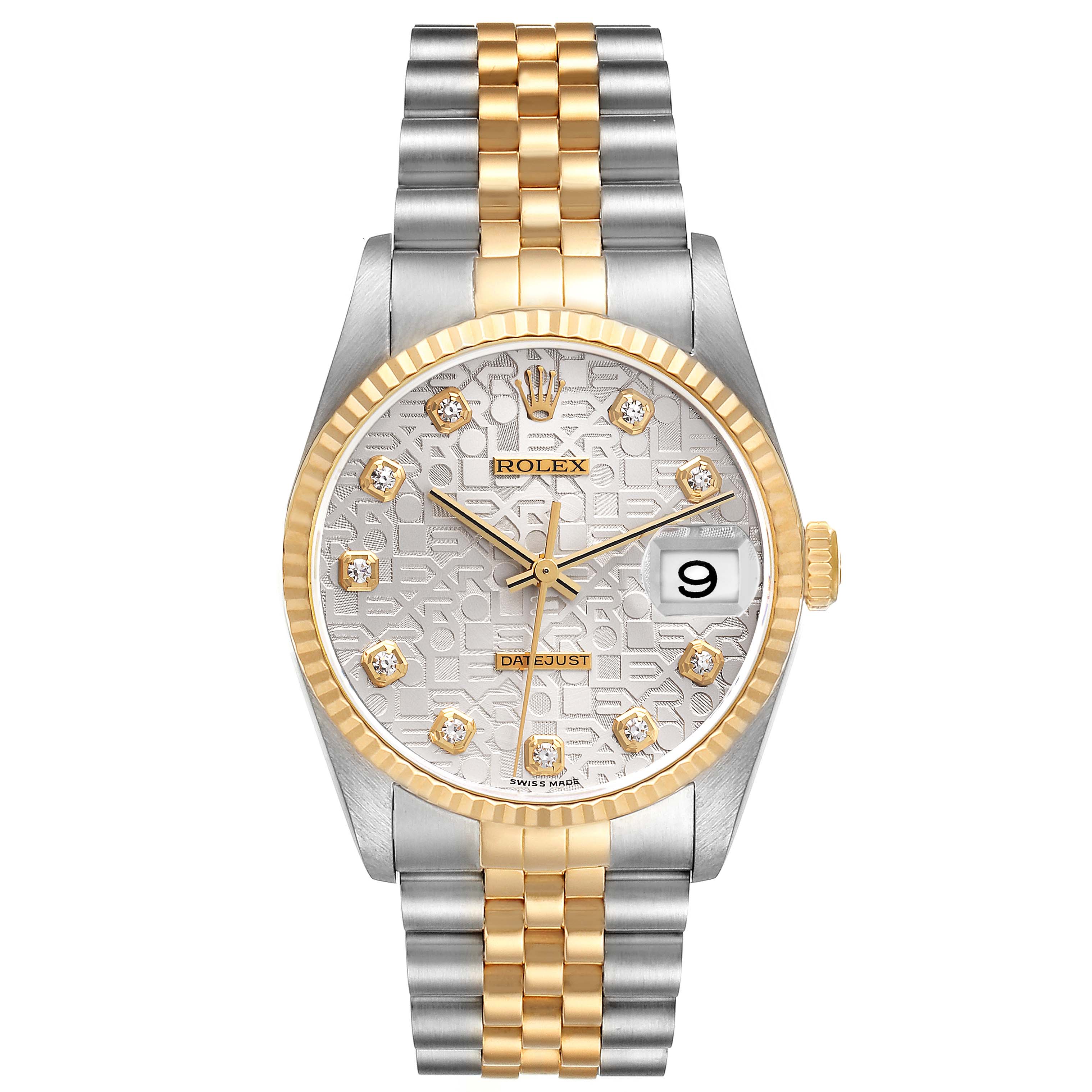 This image shows a front view of a Rolex Datejust 16233 Men's Steel and Gold (two tone) Silver Dial 16233 Men's Steel and Gold (two tone) Silver Dial watch, showcasing its dial, bezel, and two-tone bracelet.