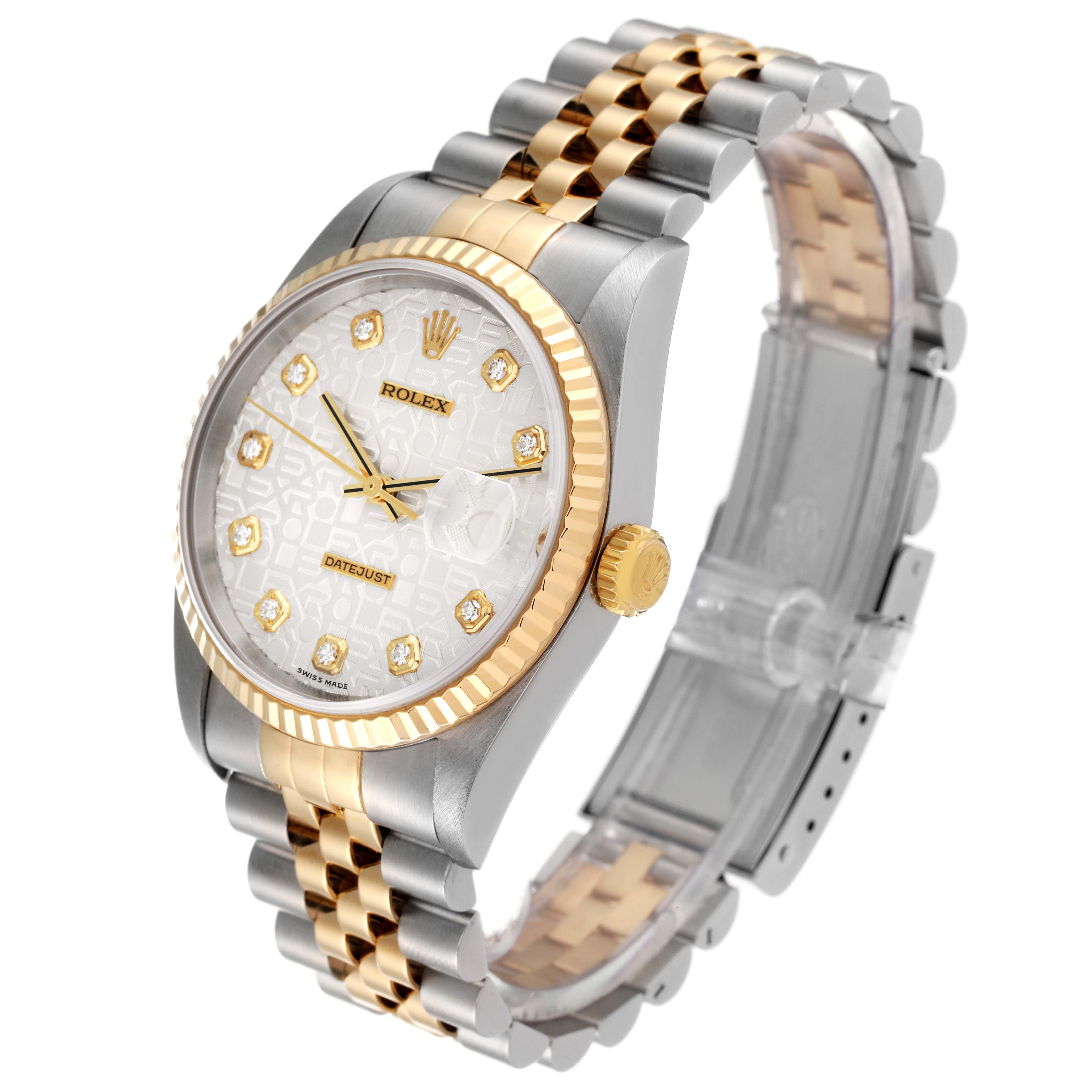 The image shows a Rolex Datejust 16233 Men's Steel and Gold (two tone) Silver Dial 16233 Men's Steel and Gold (two tone) Silver Dial watch from a front angle, highlighting the bezel, dial, crown, and bracelet.
