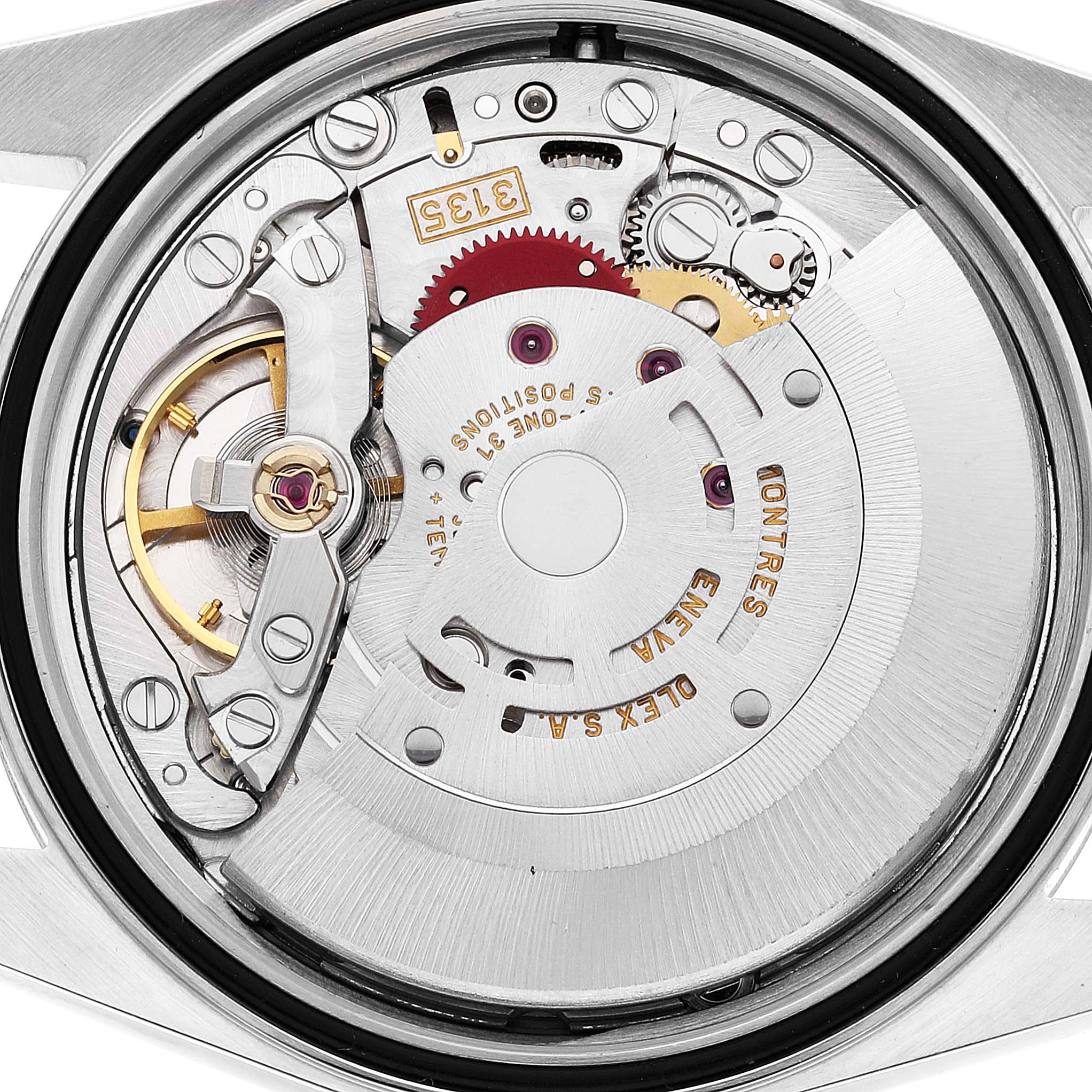 This image shows the movement and internal mechanics of the Rolex Datejust 16233 Men's Steel and Gold (two tone) Silver Dial 16233 Men's Steel and Gold (two tone) Silver Dial watch from a top-down angle.