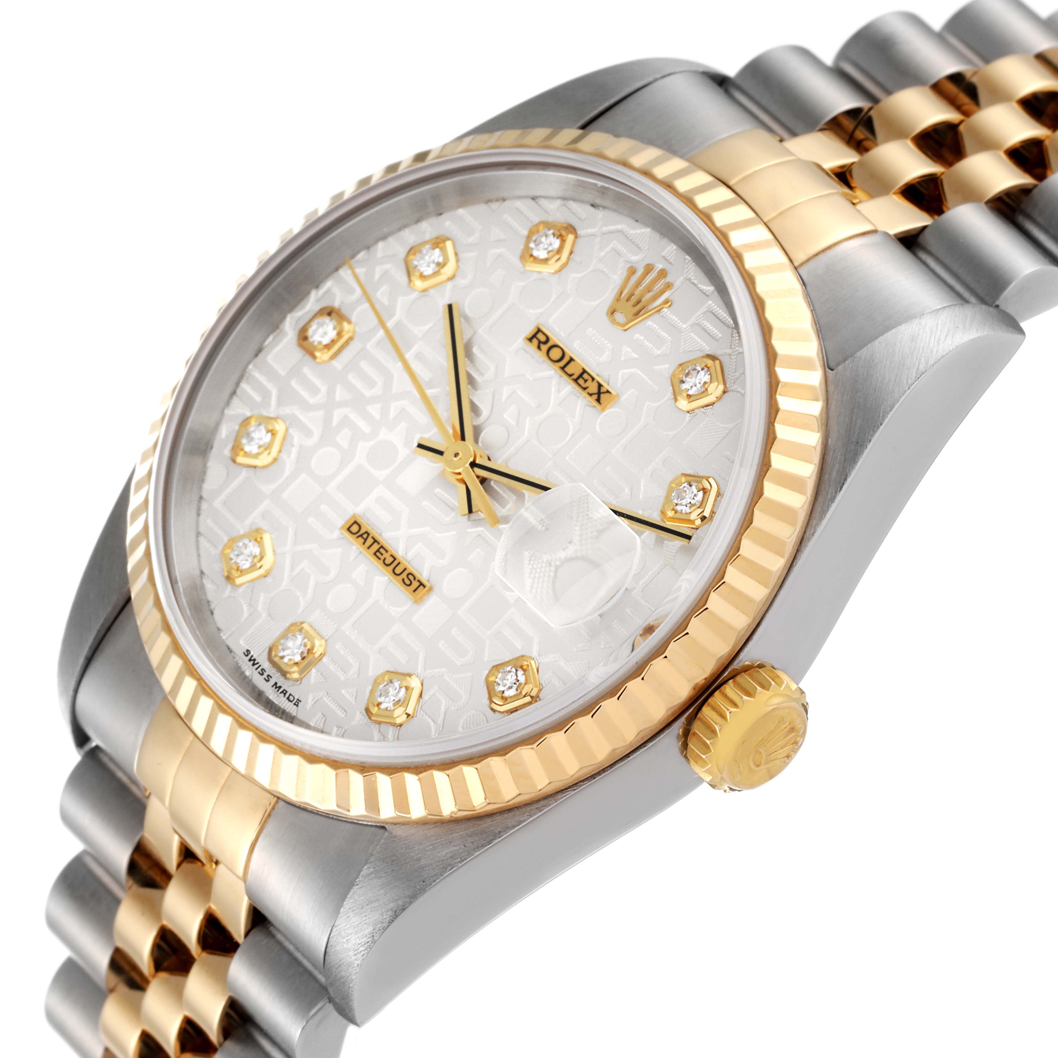 The image shows a side-angle view of the Rolex Datejust 16233 Men's Steel and Gold (two tone) Silver Dial 16233 Men's Steel and Gold (two tone) Silver Dial watch, featuring its face, bezel, crown, and part of the bracelet.