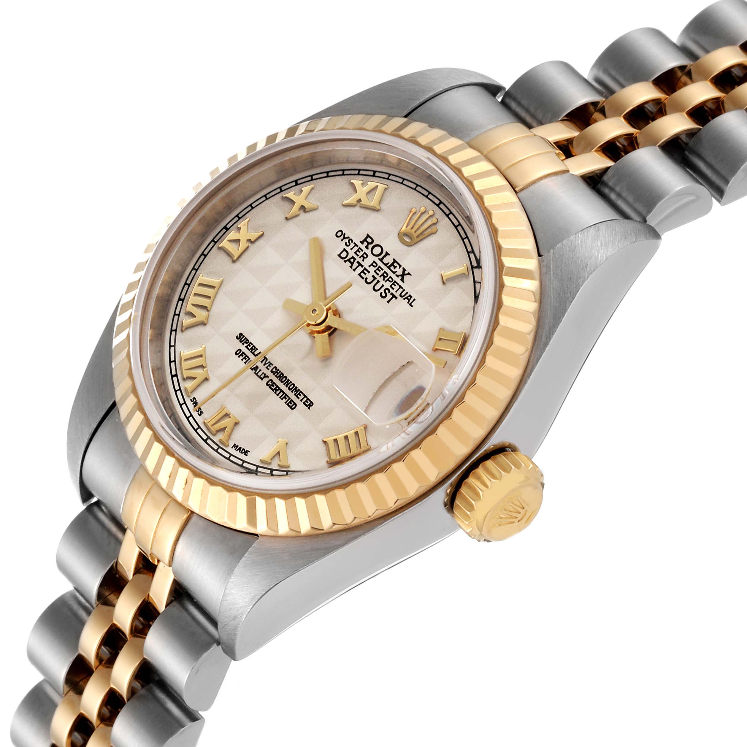 The image shows a side angle of the Rolex Datejust 79173 Women's Steel and Gold (two tone) Beige Dial 79173 Women's Steel and Gold (two tone) Beige Dial watch, highlighting its bezel, dial, crown, and bracelet.