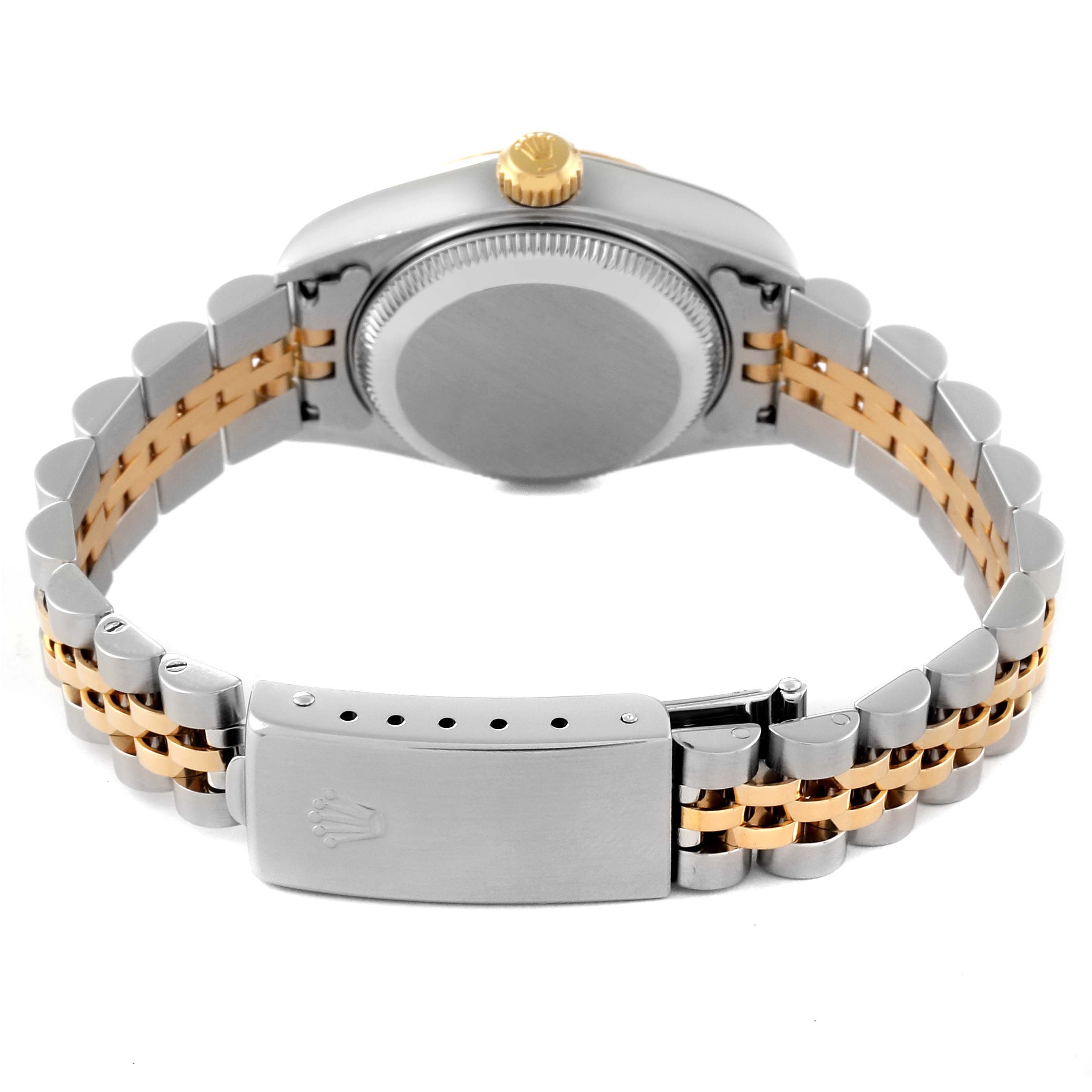 The image shows the back view of a Rolex Datejust 79173 Women's Steel and Gold (two tone) Beige Dial 79173 Women's Steel and Gold (two tone) Beige Dial watch, highlighting its two-tone bracelet and clasp.