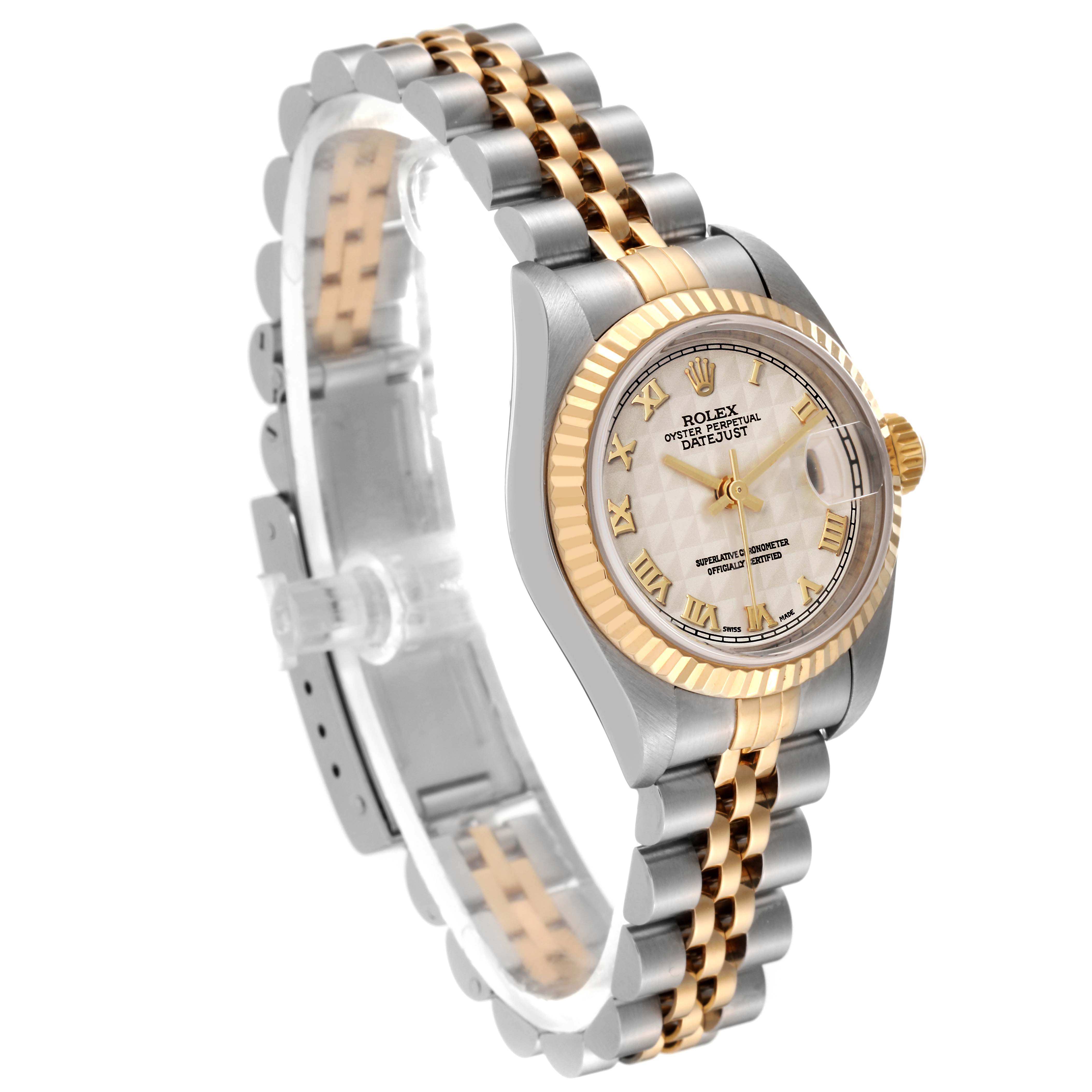 This image shows a Rolex Datejust 79173 Women's Steel and Gold (two tone) Beige Dial 79173 Women's Steel and Gold (two tone) Beige Dial watch at a three-quarter angle, highlighting the dial, bezel, and two-tone bracelet.