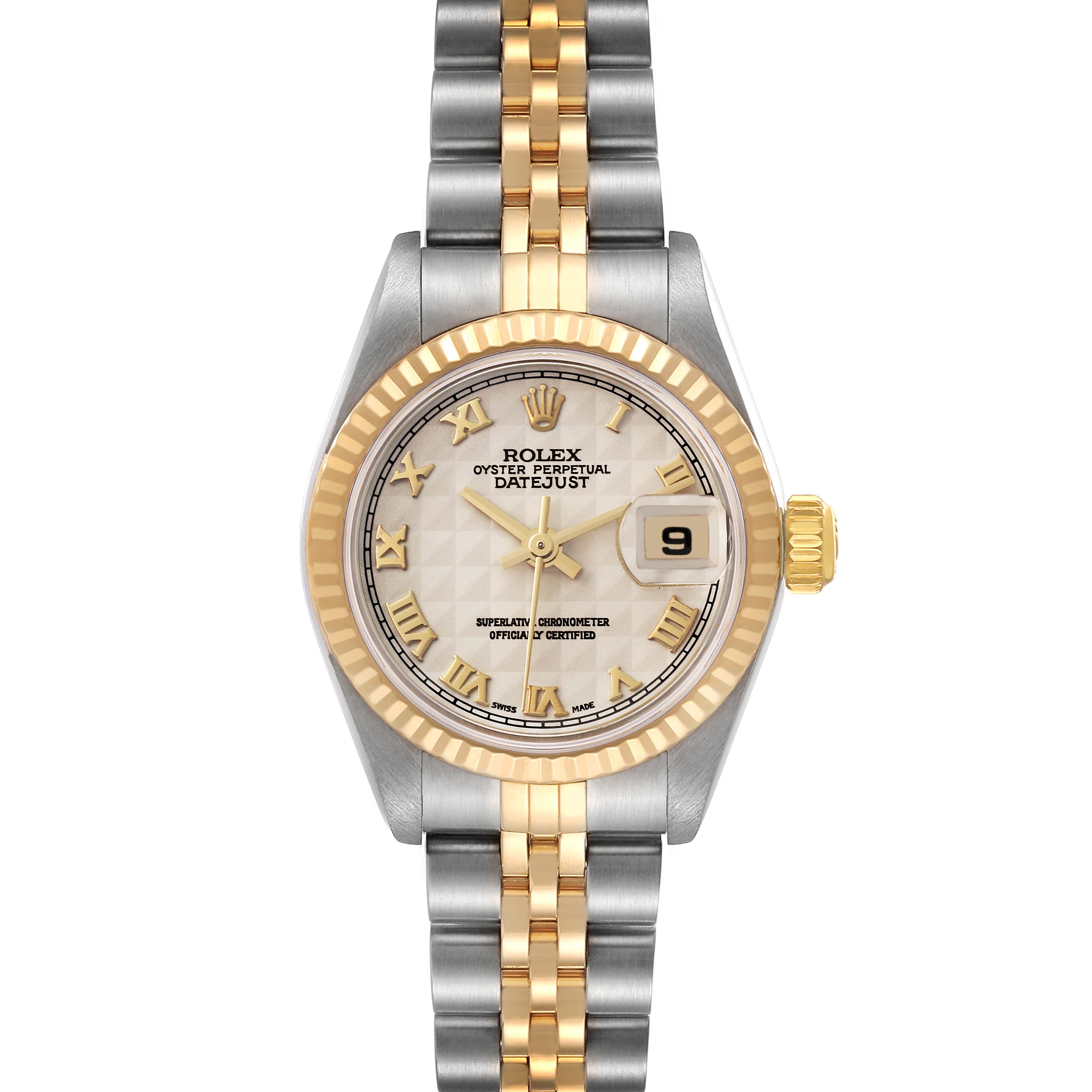 The Rolex Datejust 79173 Women's Steel and Gold (two tone) Beige Dial 79173 Women's Steel and Gold (two tone) Beige Dial watch is shown from a top-down view, featuring its dial, bezel, crown, and bracelet.