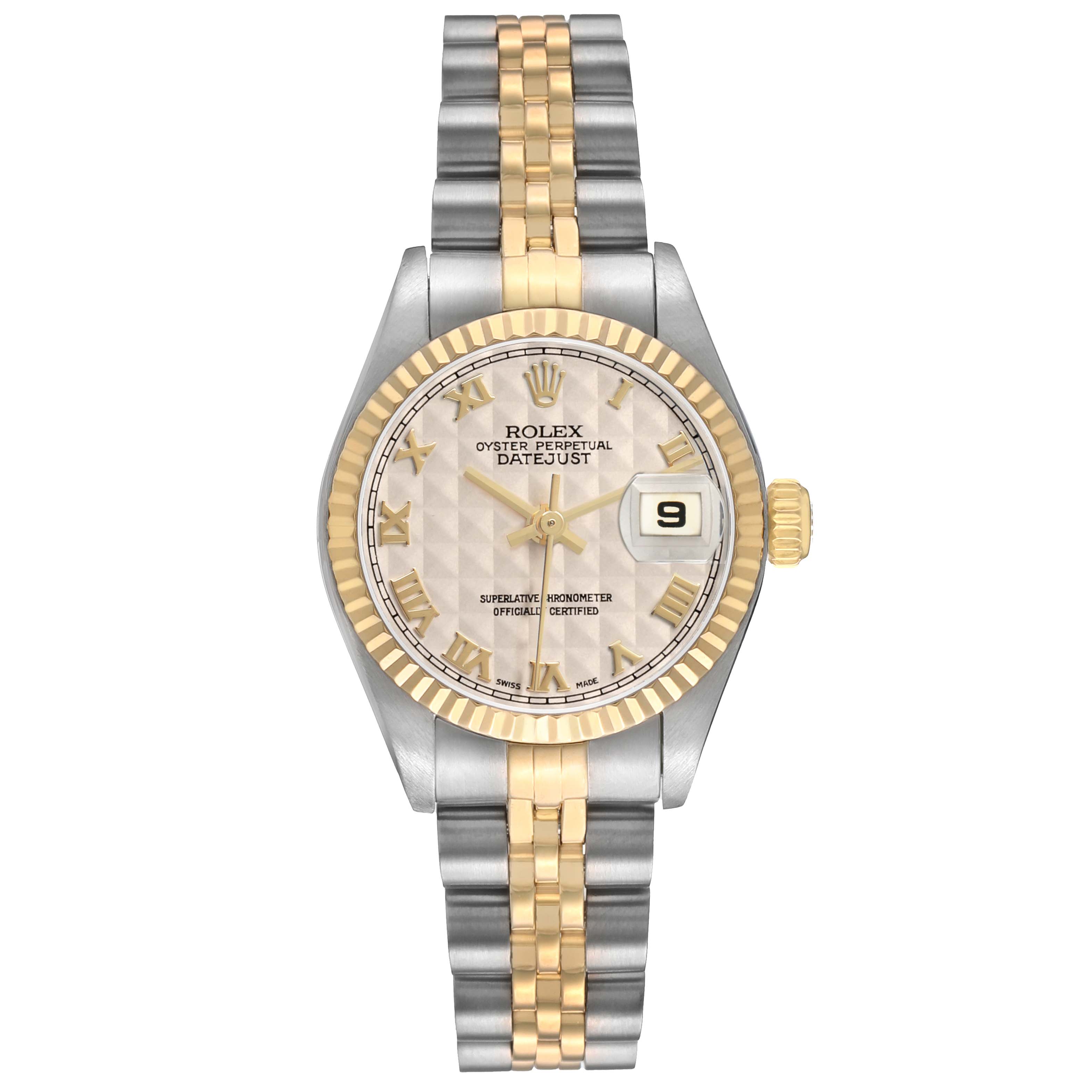The Rolex Datejust 79173 Women's Steel and Gold (two tone) White Dial watch is shown from a front angle, displaying the face, bezel, and bracelet with a two-tone design.