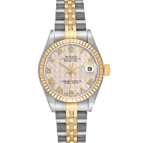 The Rolex Datejust 79173 Women's Steel and Gold (two tone) White Dial watch is shown from a top-down angle, highlighting its face, bezel, and two-tone bracelet.