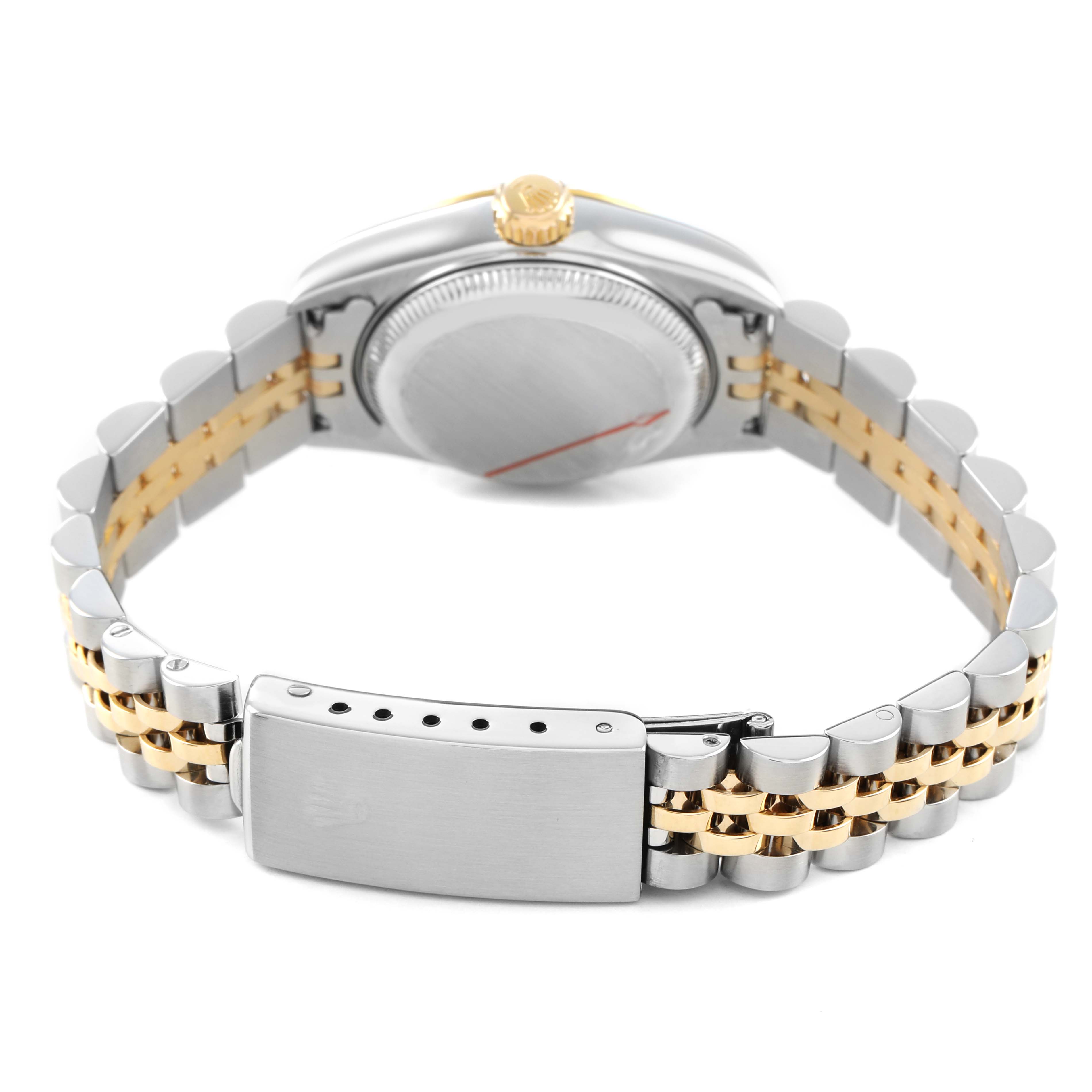 The image shows a Rolex Datejust 79173 Women's Steel and Gold (two tone) White Dial watch from the back, highlighting the case back, crown, and two-tone bracelet with clasp.