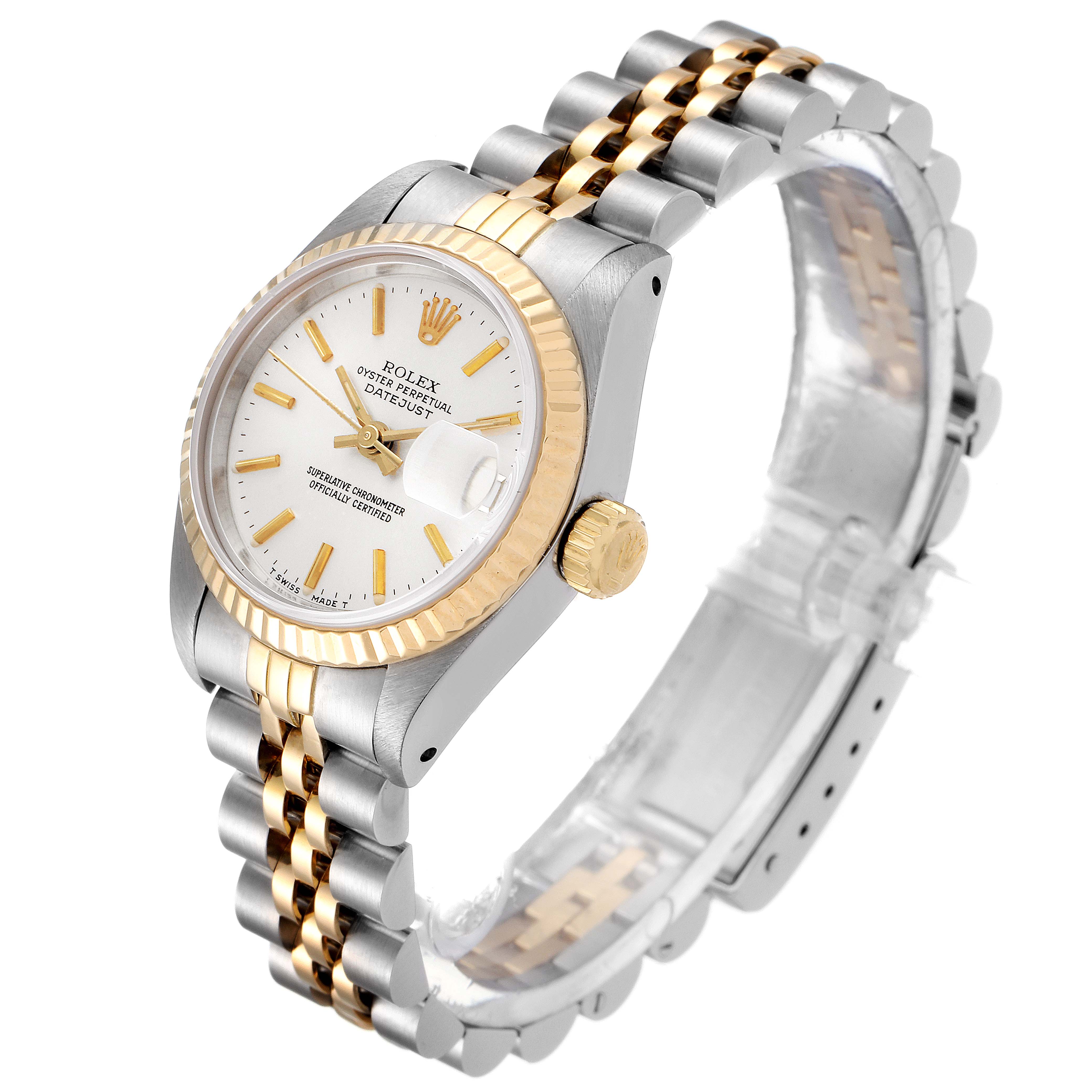 The image shows a diagonally angled view of a Rolex Datejust 69173 Women's Steel and Gold (two tone) Silver Dial 69173 Women's Steel and Gold (two tone) Silver Dial watch highlighting its gold and stainless steel bracelet, bezel, and crown.