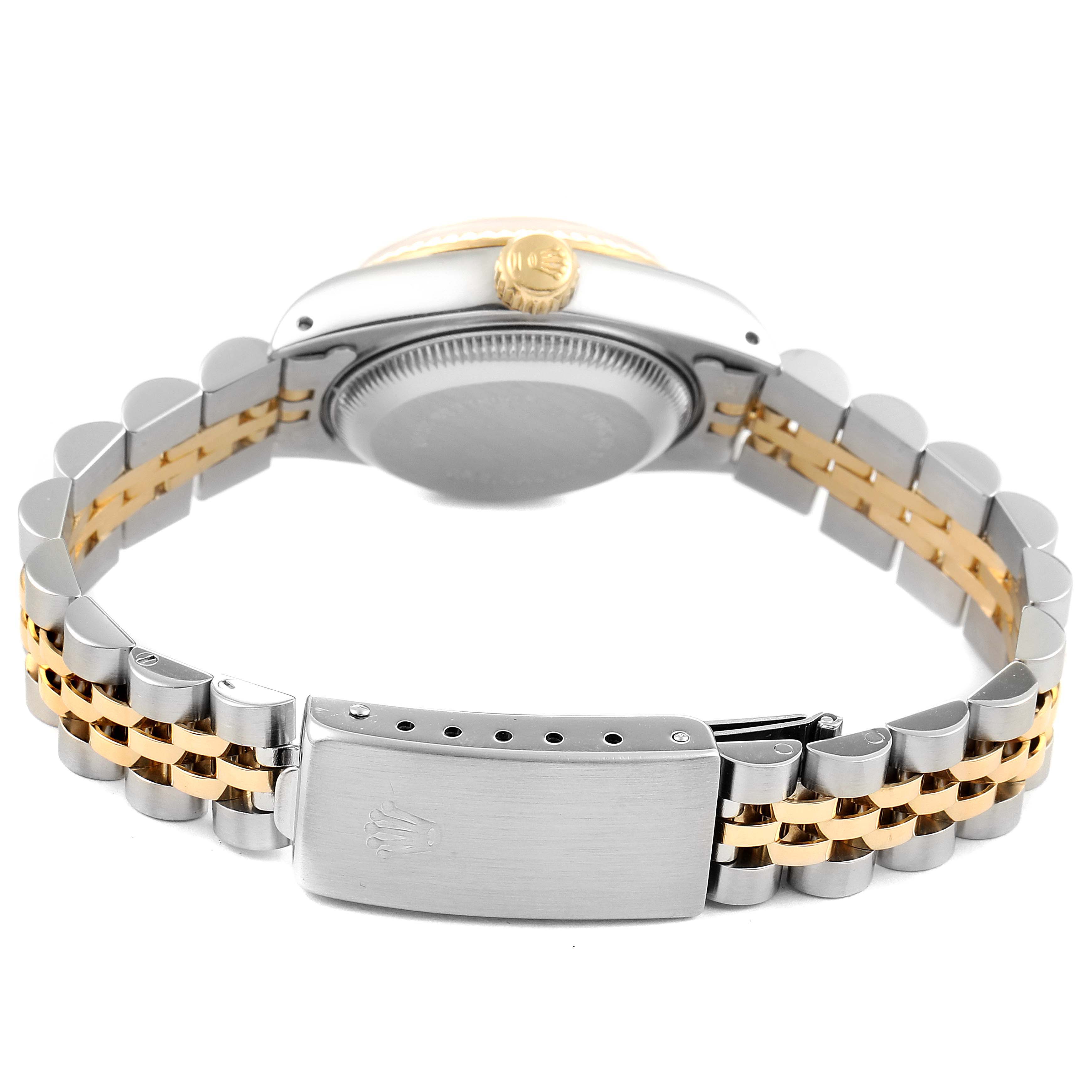 The image shows the back view of a Rolex Datejust 69173 Women's Steel and Gold (two tone) Silver Dial 69173 Women's Steel and Gold (two tone) Silver Dial, highlighting the two-tone bracelet, clasp, crown, and case back.