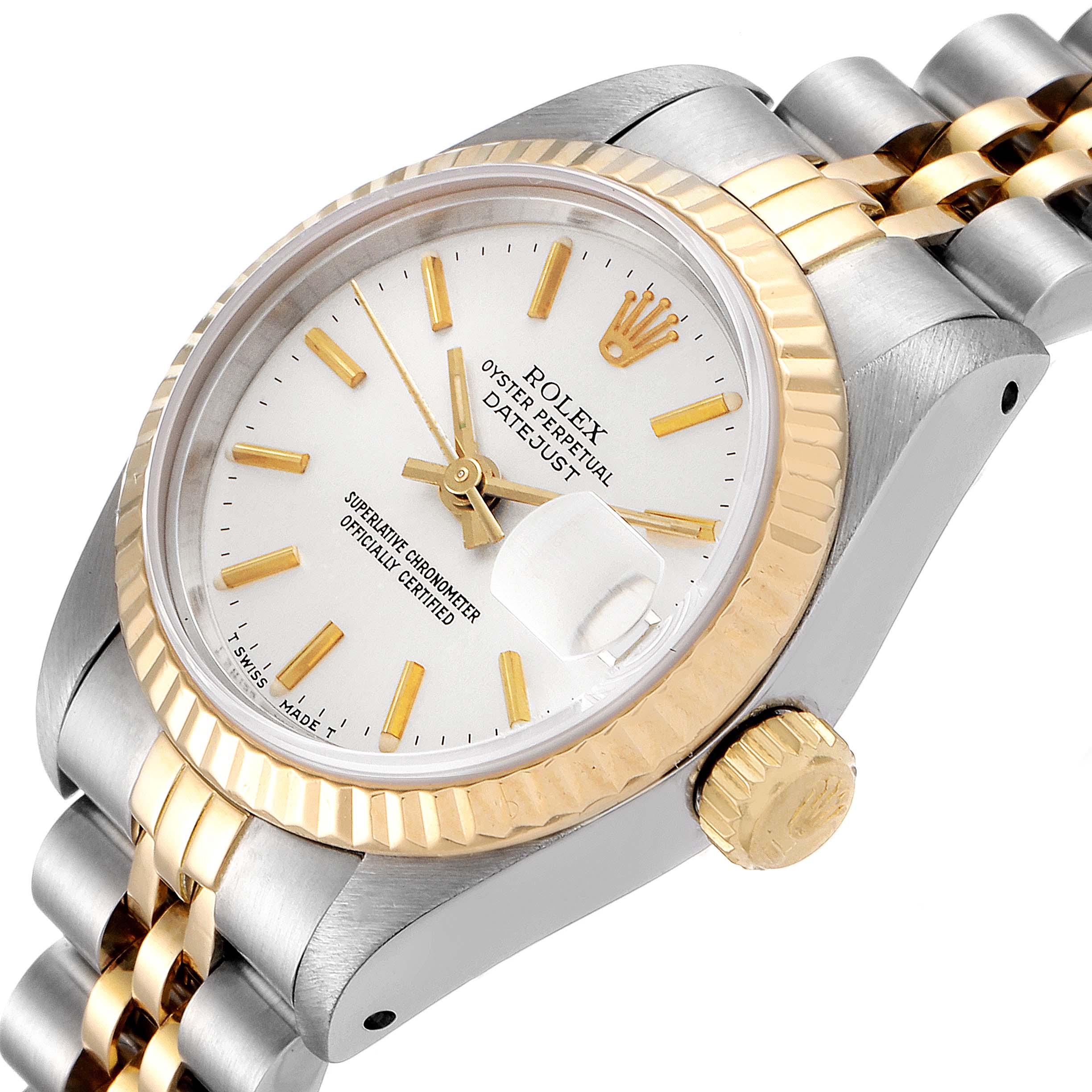 The image shows a close-up angle of a Rolex Datejust 69173 Women's Steel and Gold (two tone) Silver Dial 69173 Women's Steel and Gold (two tone) Silver Dial watch, highlighting the face, bezel, crown, and part of the bracelet.