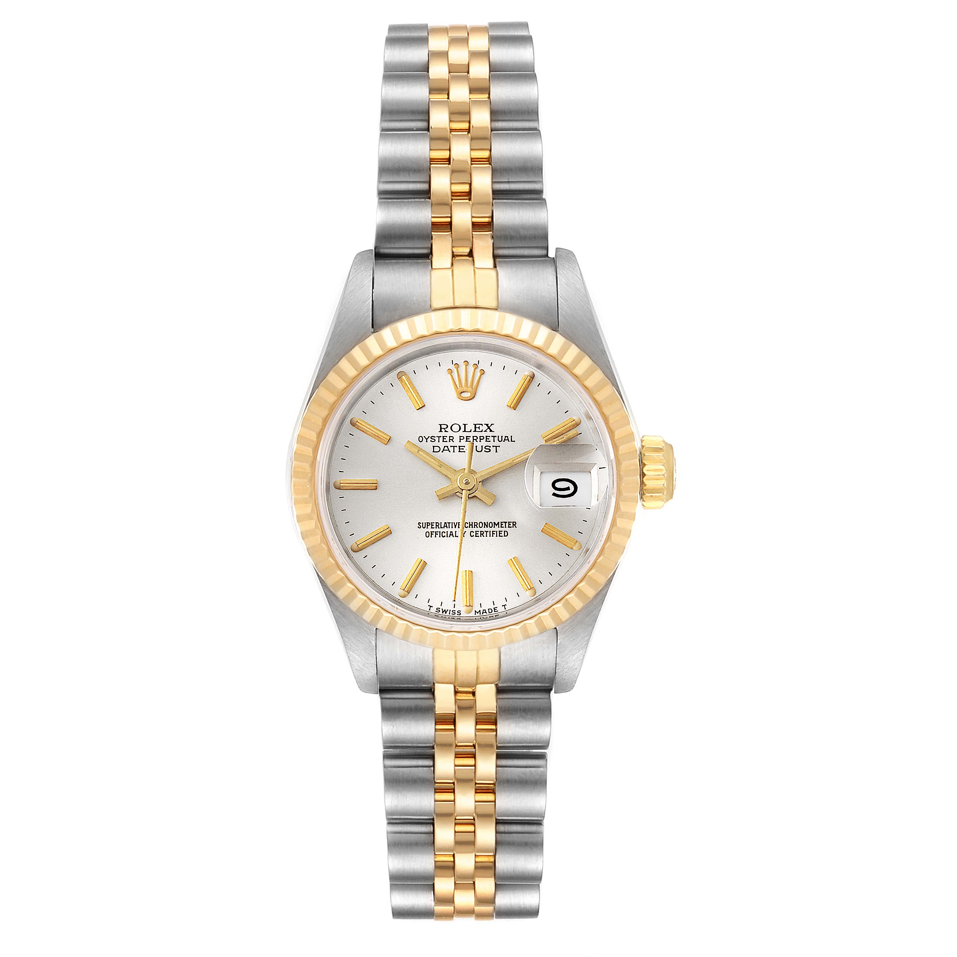 The image shows a face-on view of the Rolex Datejust 69173 Women's Steel and Gold (two tone) Silver Dial 69173 Women's Steel and Gold (two tone) Silver Dial watch, highlighting its silver dial, date window, and two-tone bracelet.