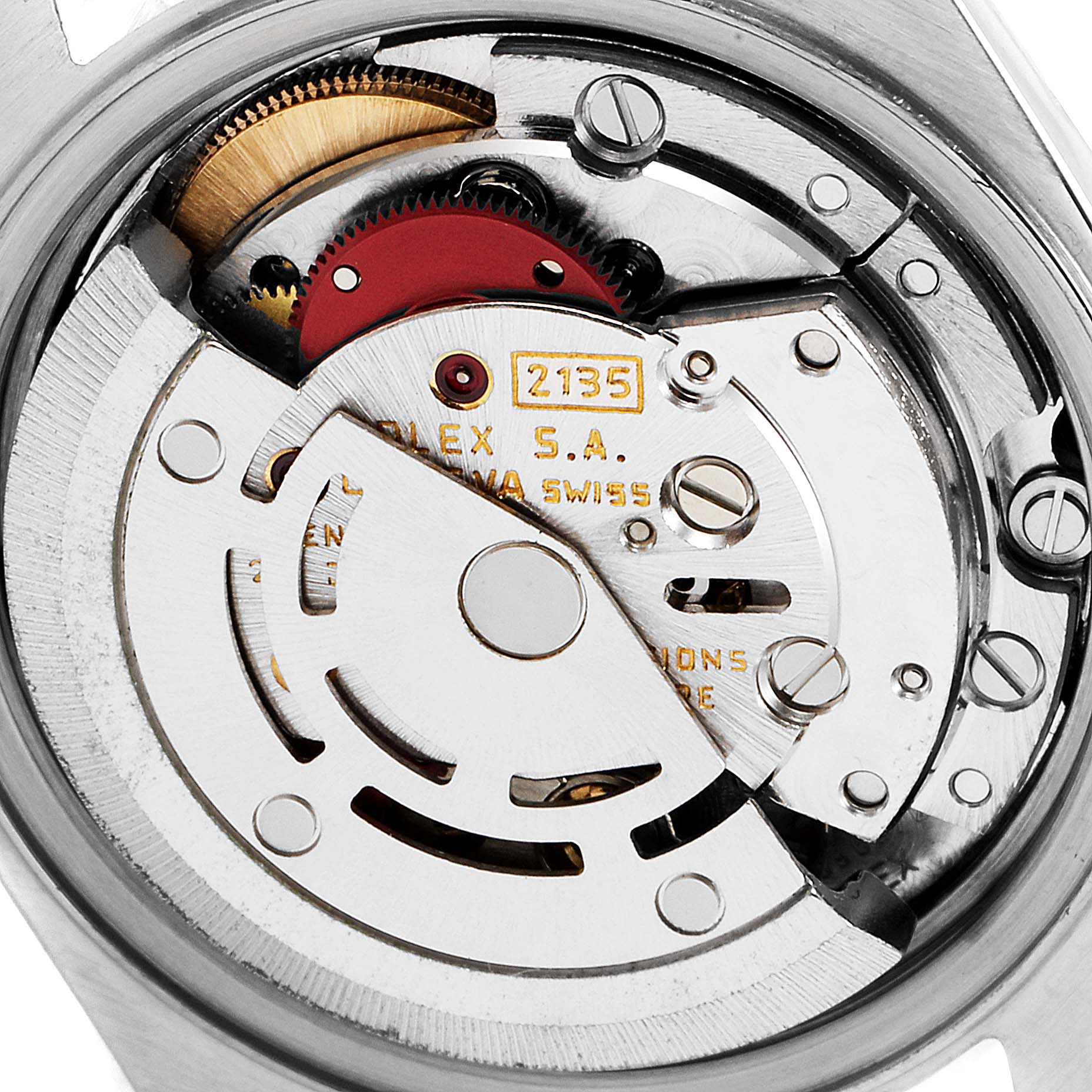 The image shows the internal mechanism and movement of a Rolex Datejust 69173 Women's Steel and Gold (two tone) Silver Dial 69173 Women's Steel and Gold (two tone) Silver Dial model watch, featuring the rotor and gears.